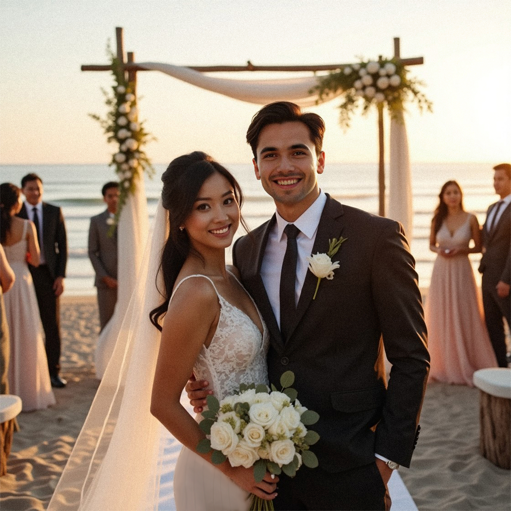 A newlywed couple smiling at the beach during sunset, with wedding guests and an arch decorated with white flowers and fabric in the background.
