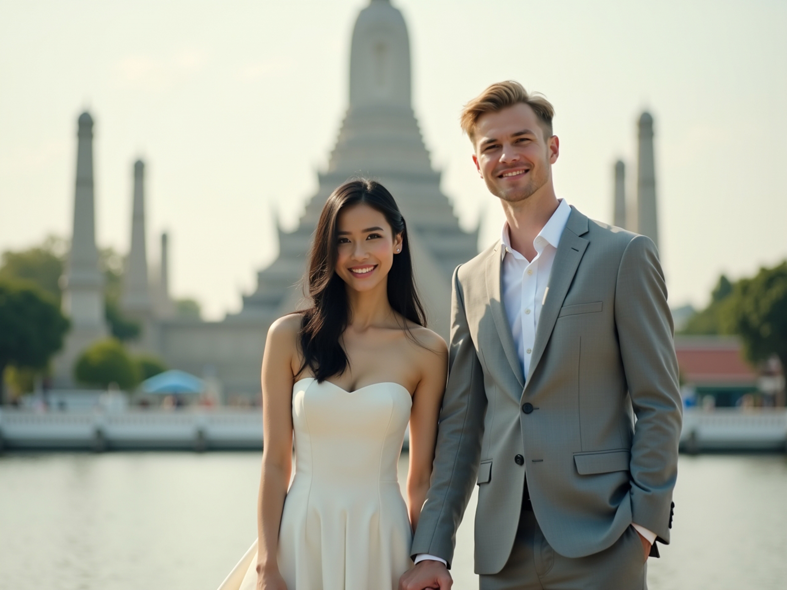 A happy couple standing outdoors in front of a temple, holding hands and smiling.