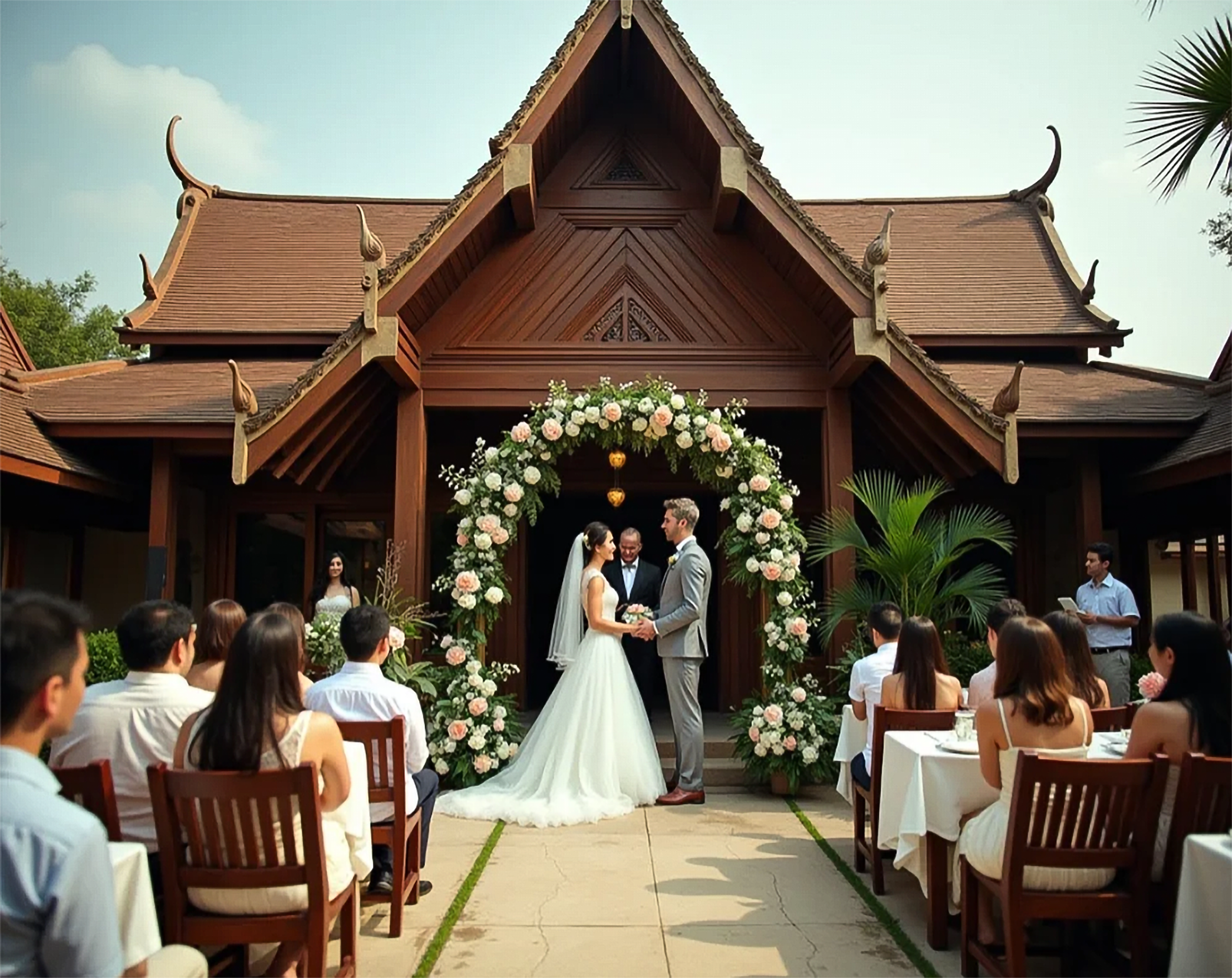 A wedding ceremony taking place outdoors in front of a traditional wooden Thai-style building. The bride and groom stand under a floral arch with white and pink flowers. Guests are seated on wooden chairs, facing the couple, with a woman standing beh
