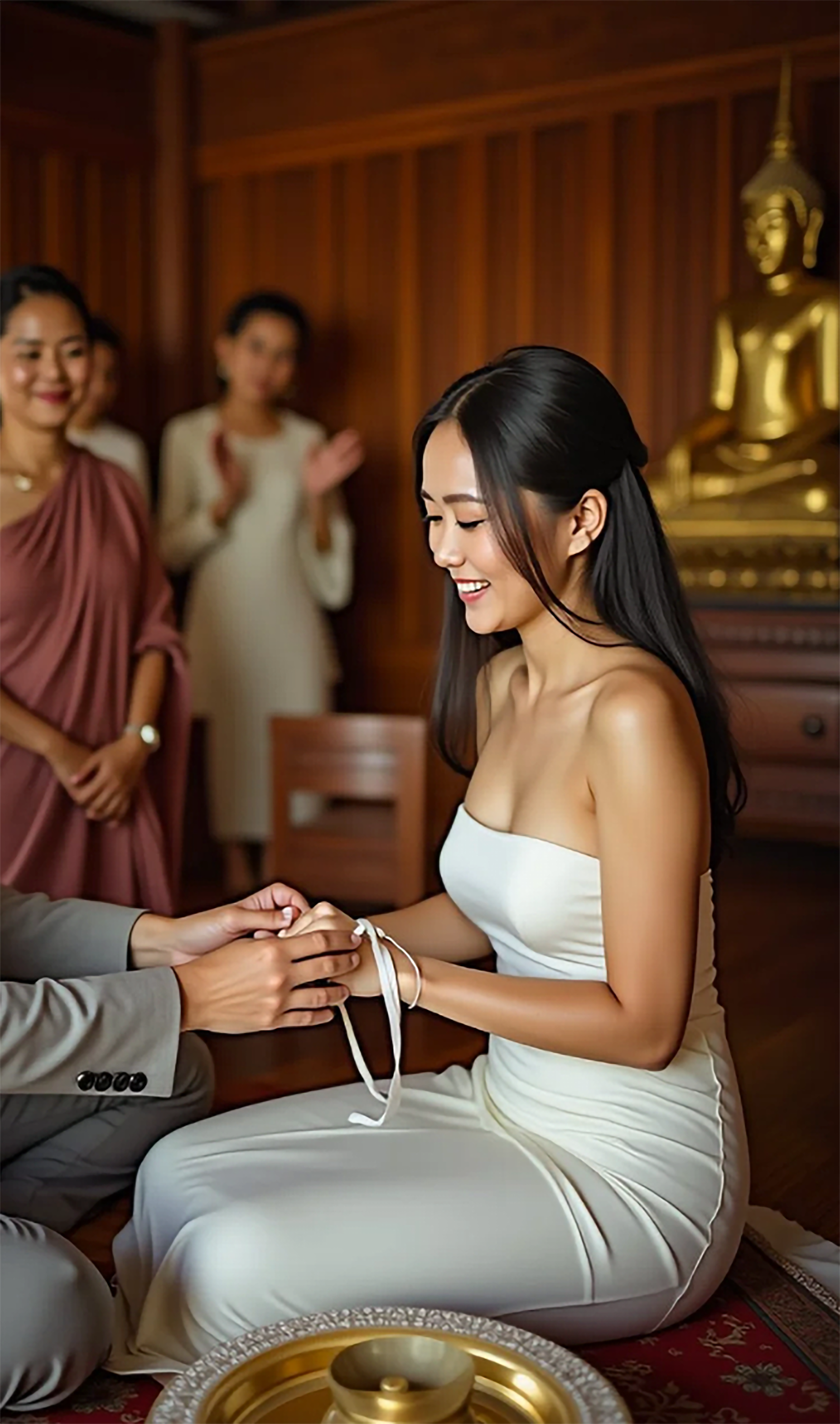 A woman in a white dress receiving a traditional ring exchange ceremony during a wedding in a wooden room with a golden Buddha statue in the background.