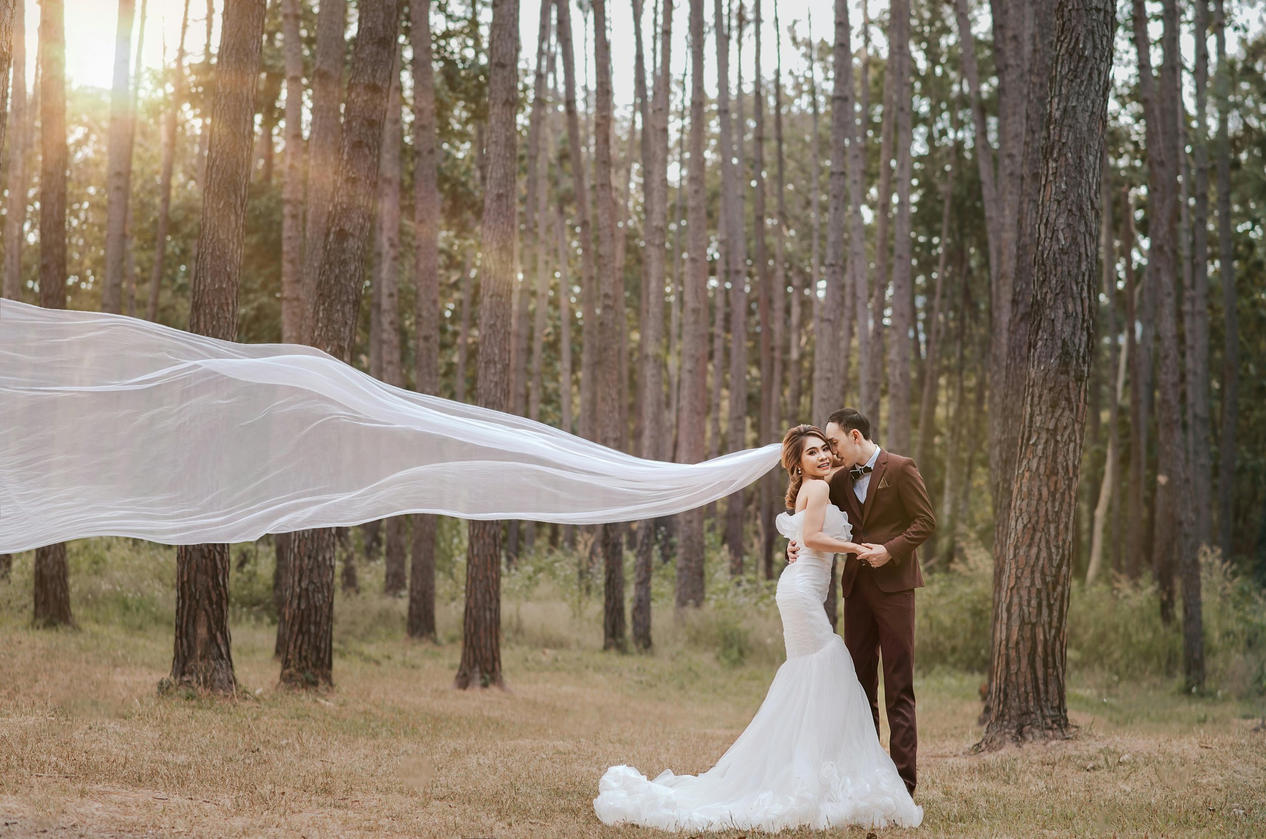 A bride and groom standing in a forest, with sunlight filtering through the trees. The bride is in a wedding dress with a long train flowing to the left, and the groom is in a brown suit. They are holding hands and looking at each other romantically.