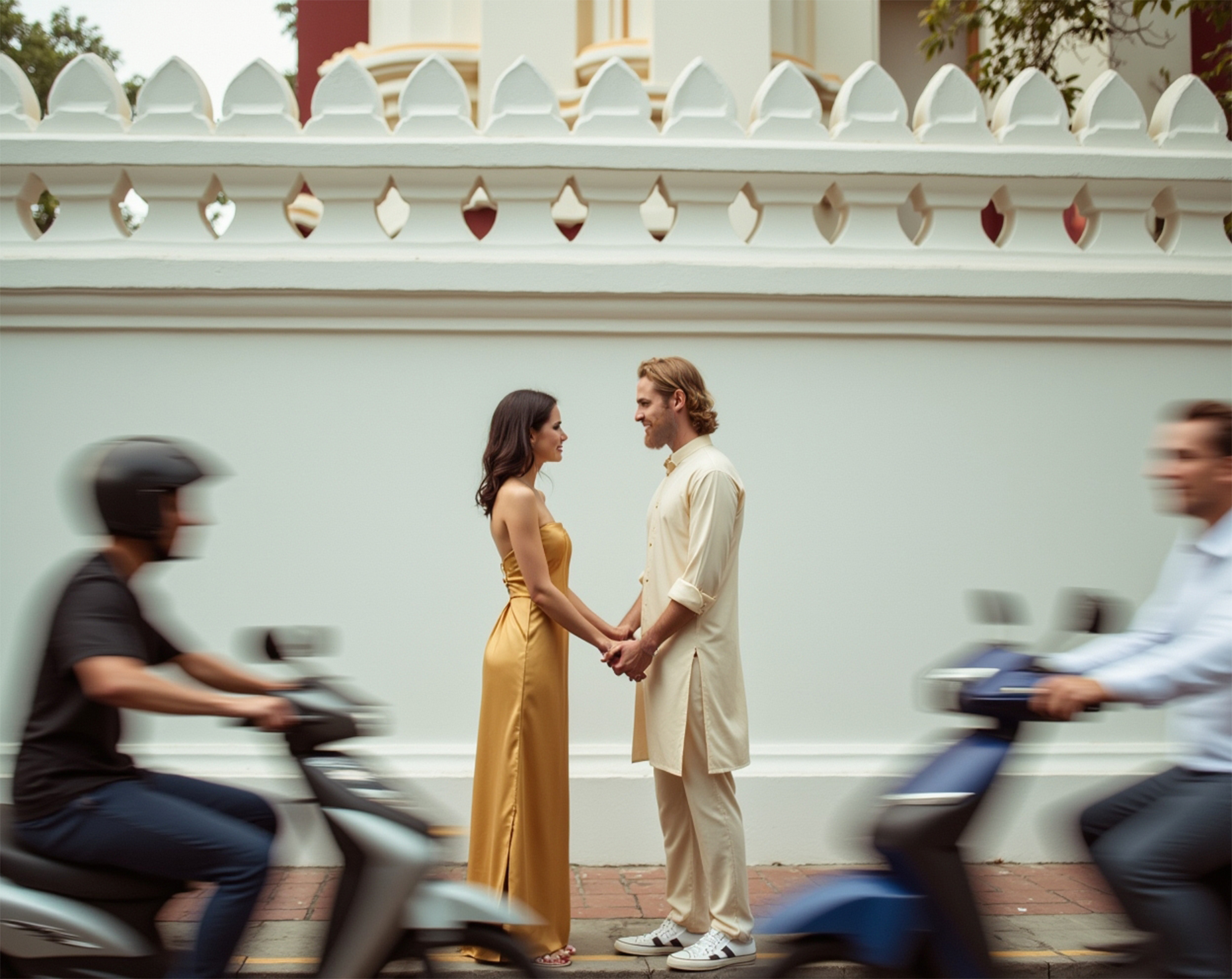 A couple stands face to face holding hands on a city sidewalk, with two motorcyclists passing by on either side, in front of a white wall with decorative architectural elements.