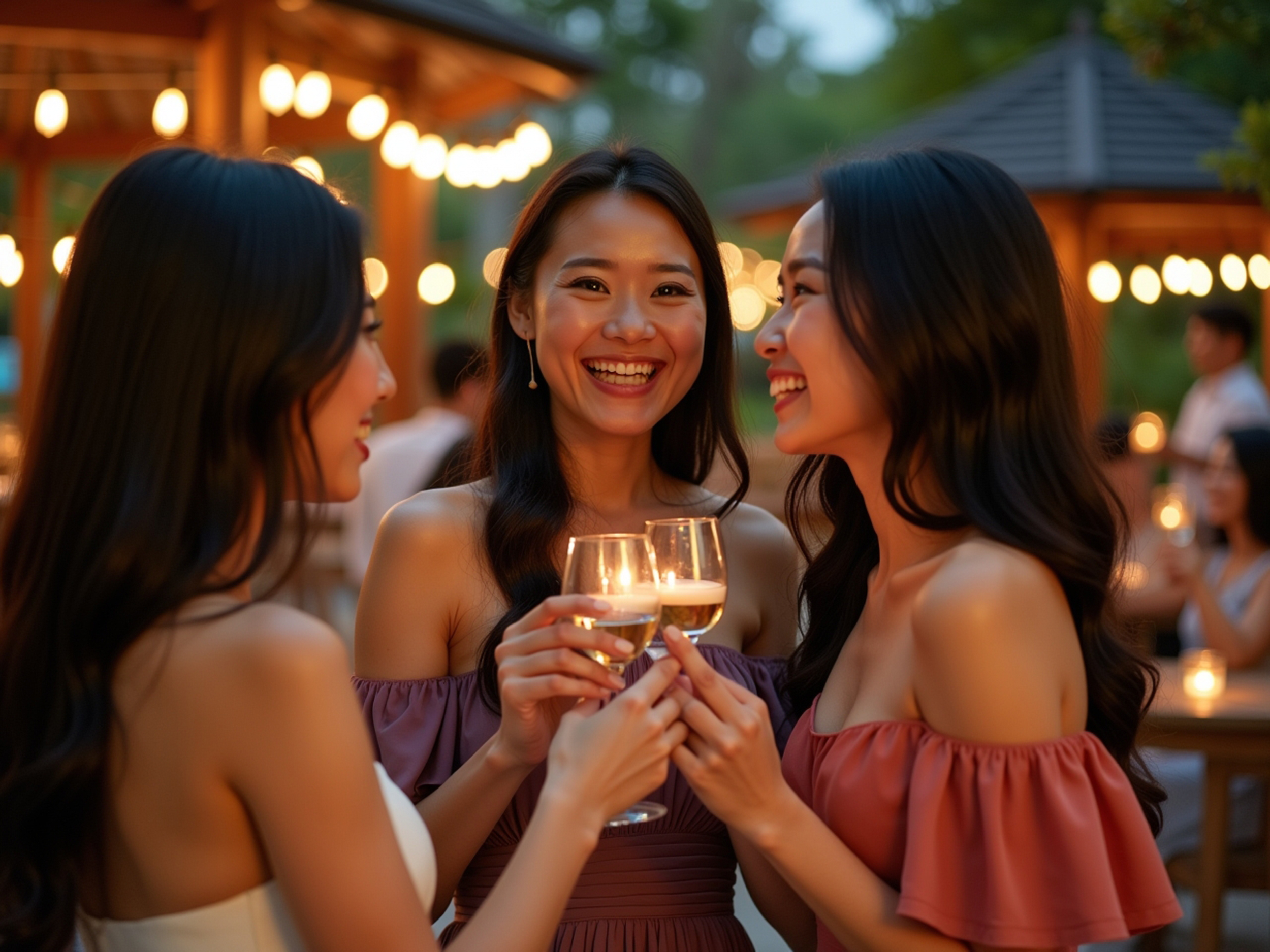 Three women in elegant dresses smiling and holding glasses of wine at an evening outdoor party with warm lighting.