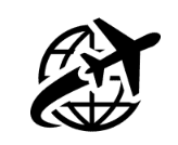 Icon of a globe with an airplane circling around it.
