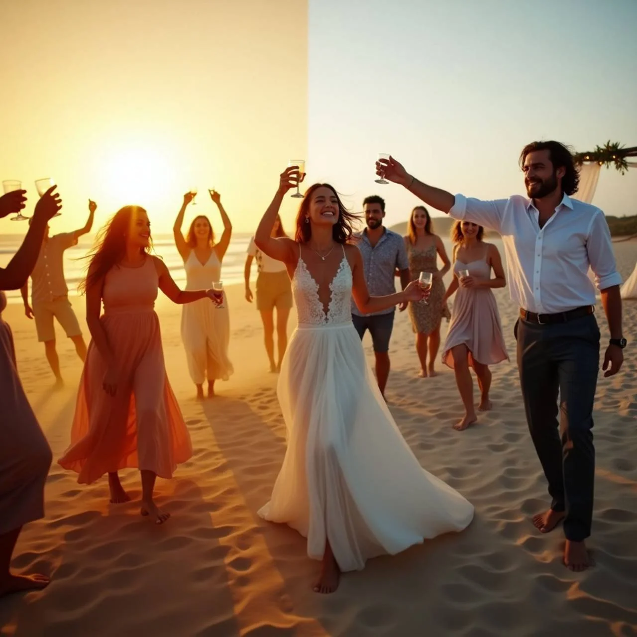 Group of people celebrating during a wedding reception on the beach at sunset, with the bride and groom in the foreground raising their glasses.