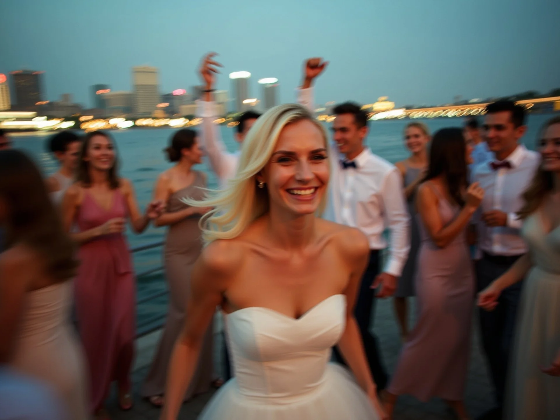 A group of people dressed in formal attire dancing and celebrating near a waterfront during evening hours, with city skyline and water in the background.