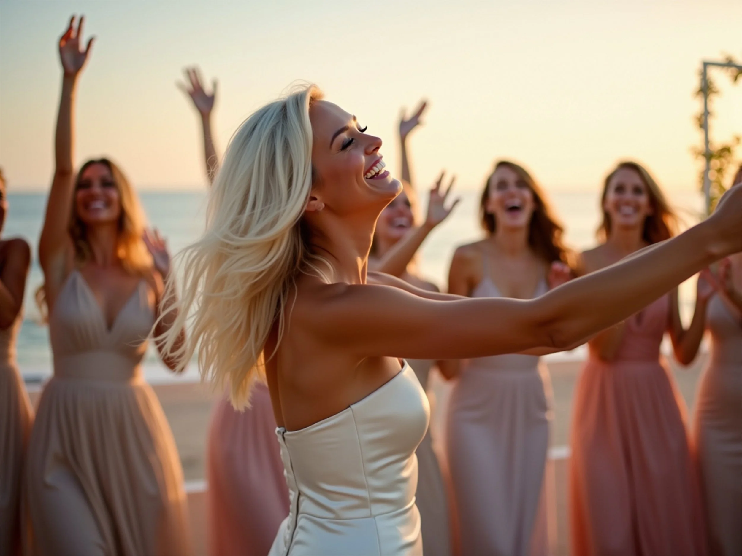 A group of women at the beach during sunset, smiling and enjoying themselves.