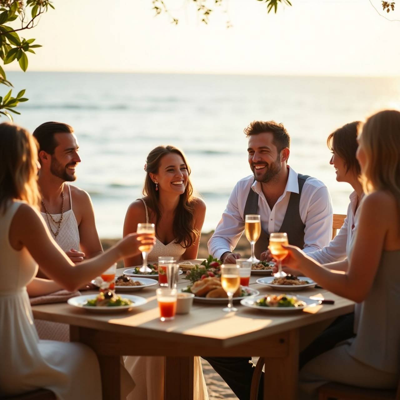 Group of seven adults, four women and three men, enjoying a meal and drinks at a seaside outdoor dinner party at sunset, smiling and engaging in conversation.