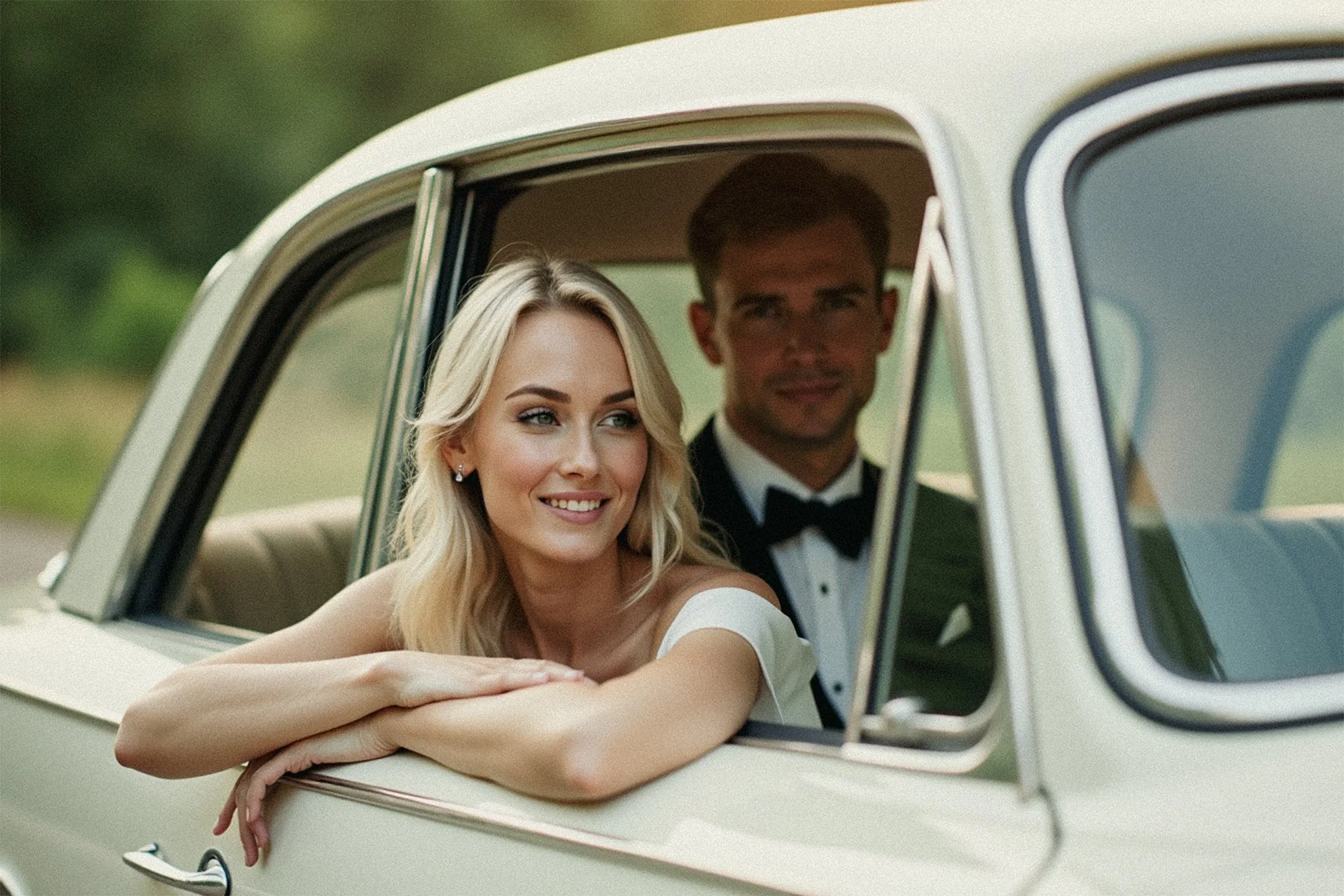 A smiling woman with blonde hair and a white dress leaning on the window of a vintage cream-colored car, with a man in a tuxedo sitting behind her.
