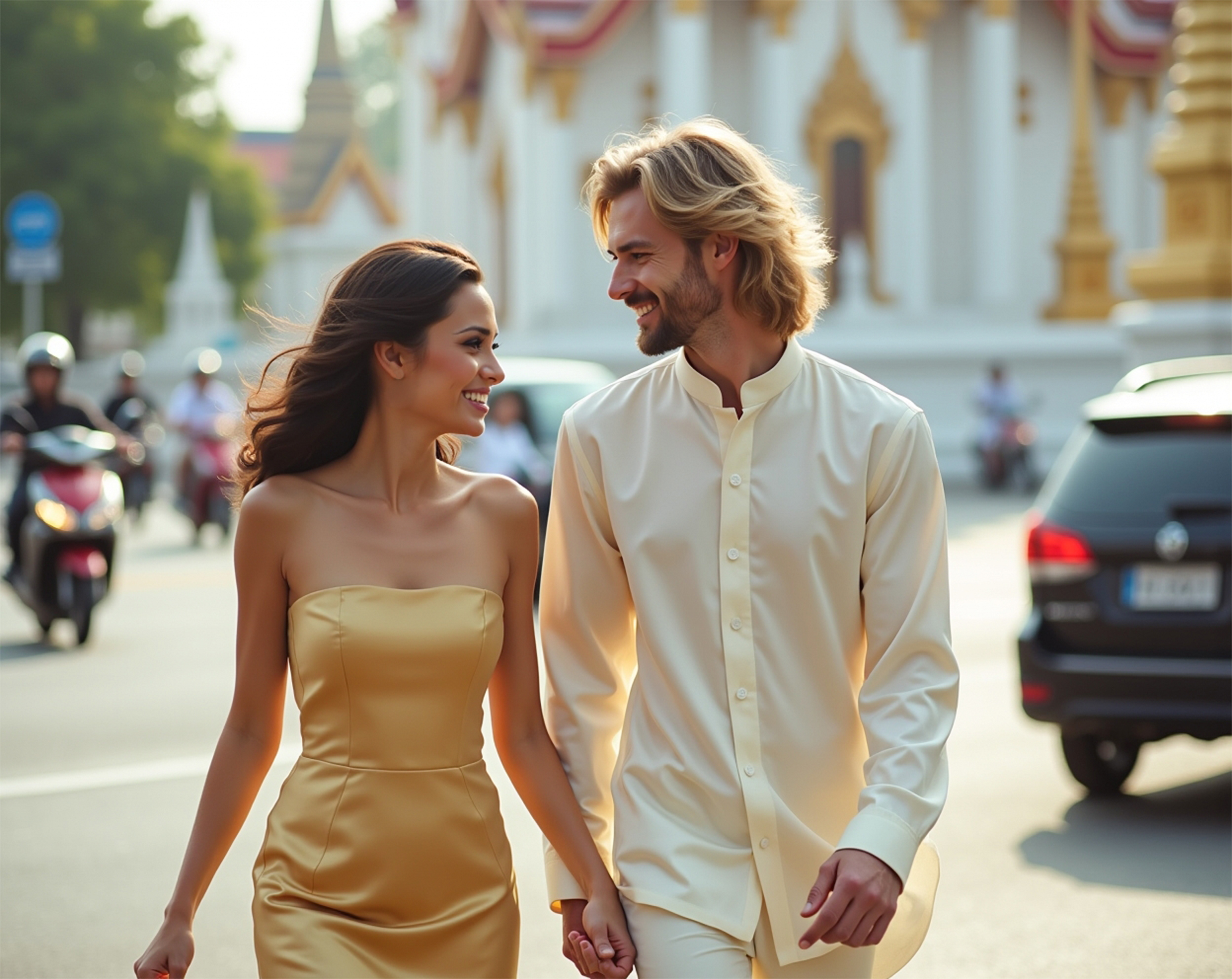 A young couple dressed in elegant clothes are smiling and holding hands while walking outdoors. The woman is wearing a strapless gold dress, and the man is wearing a cream-colored traditional shirt and pants. In the background, there is a temple with ornate architecture and other people walking or riding scooters.
