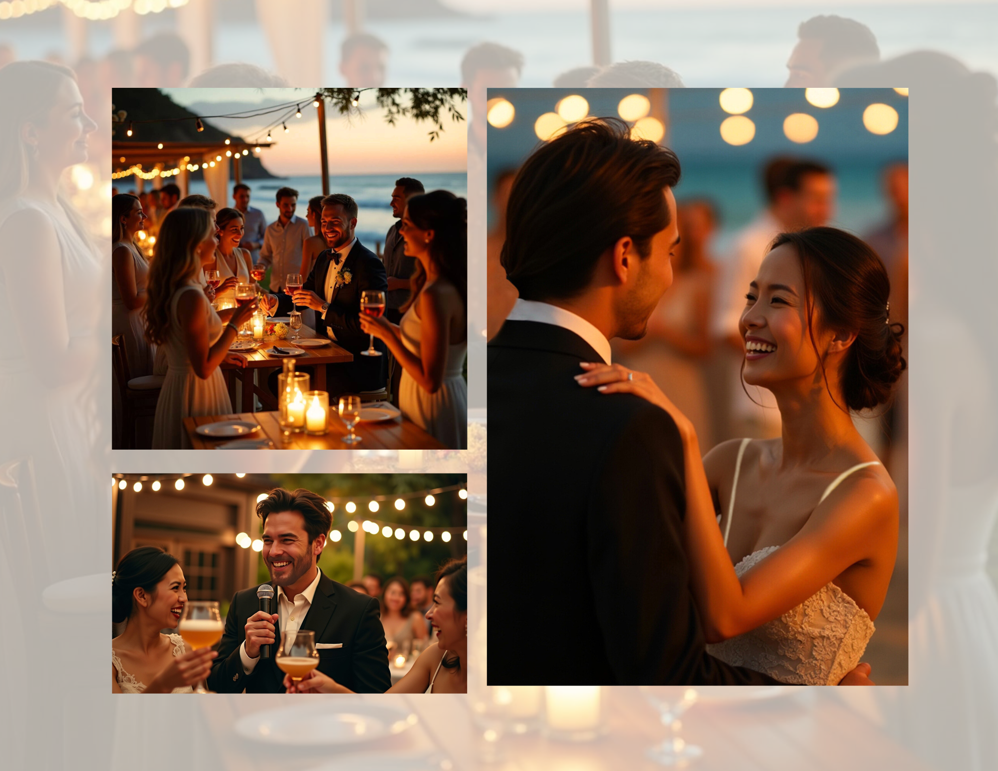 Group of people celebrating at a wedding reception on a beach at sunset, with candles and string lights, including a bride and groom sharing a dance.