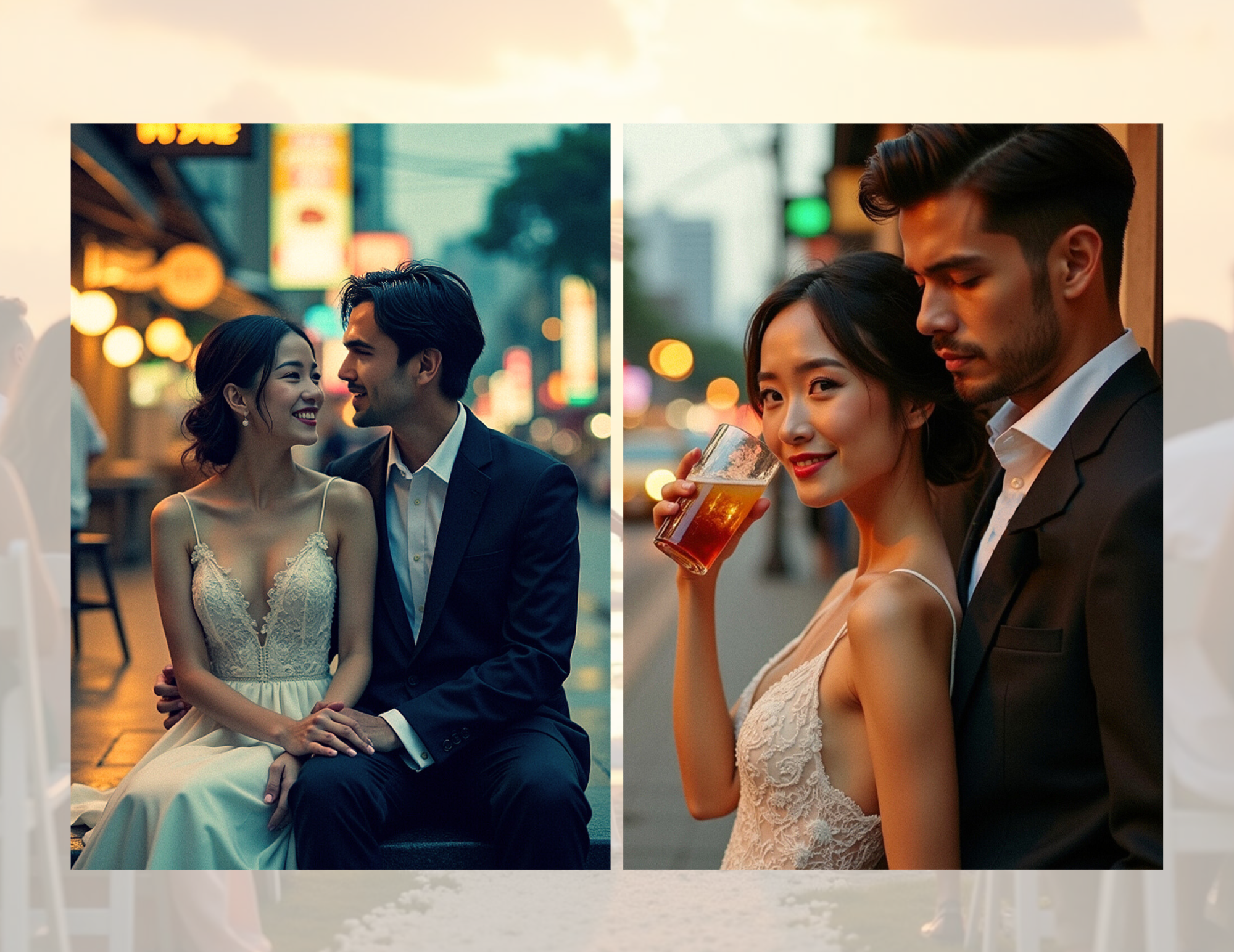 Two couples in formal attire enjoying a night out, one couple sitting on a bench smiling at each other and the other standing on the street with a woman drinking from a glass, all with blurred city lights in the background.