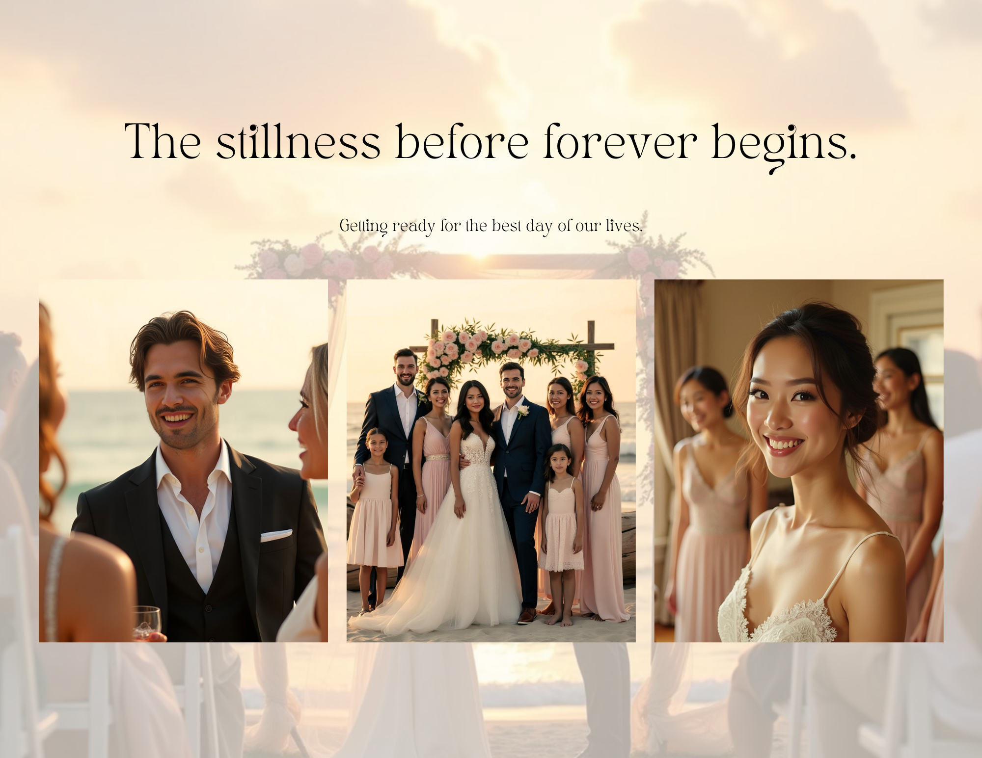 A beach wedding scene with a smiling bride and groom, family and guests celebrating, and a wedding party inside a decorated room with bridesmaids.
