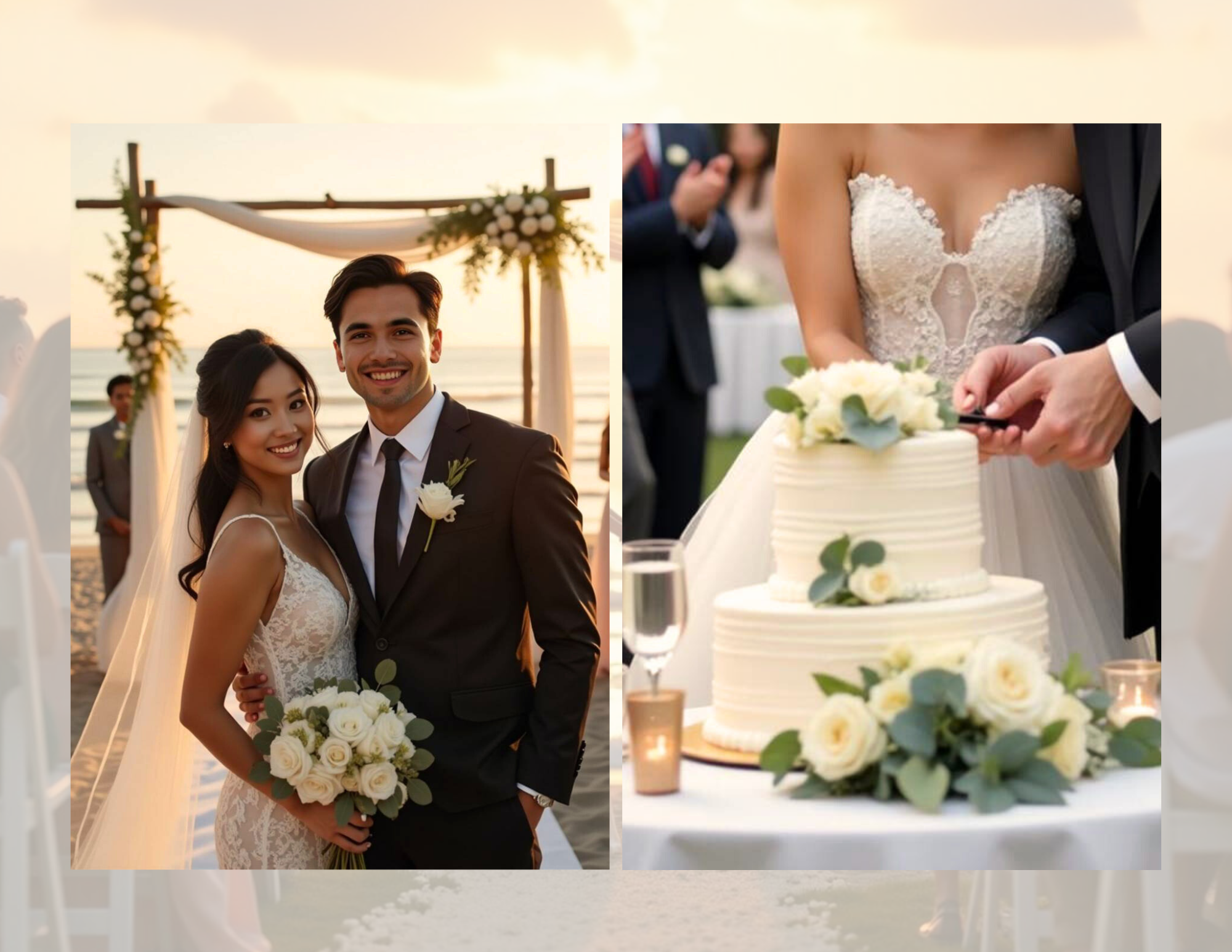 A newlywed couple at the beach wedding, the bride holds a bouquet of white roses and greenery, and the groom wears a black suit with a white rose boutonniere. The wedding cake is decorated with white flowers and greenery.