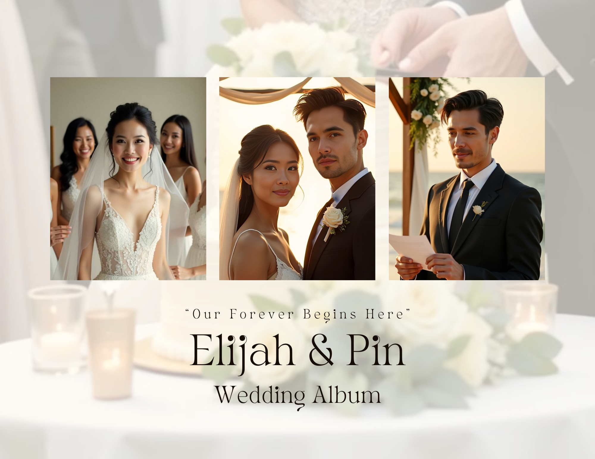 Wedding album cover featuring three photos of a bride and groom. The first photo shows a smiling bride in a white wedding dress with two bridesmaids in the background. The second photo depicts a bride and groom outdoors at sunset, looking at the came