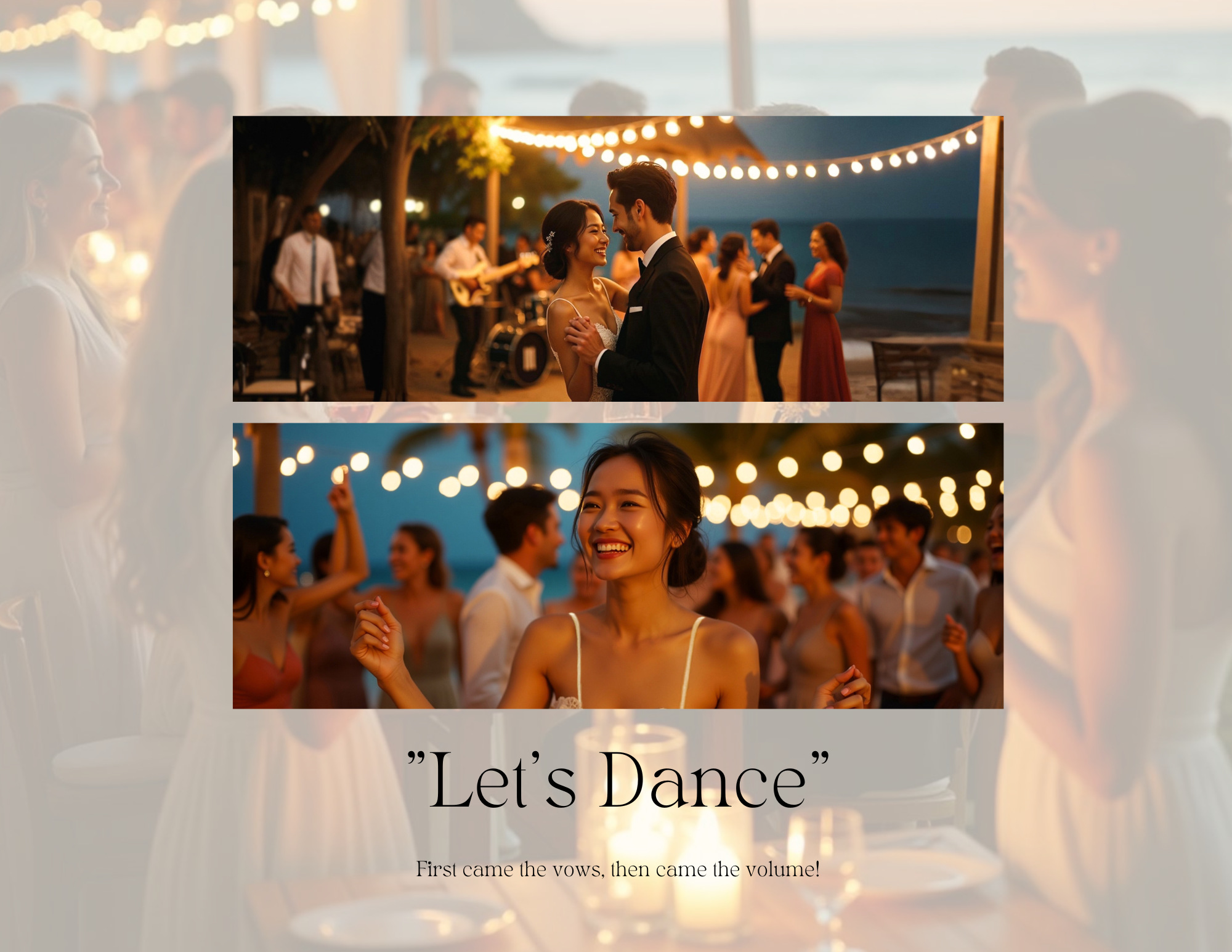 Photos of people dancing at an outdoor wedding reception on the beach at night with string lights overhead, including a couple dancing in the foreground and guests in the background.