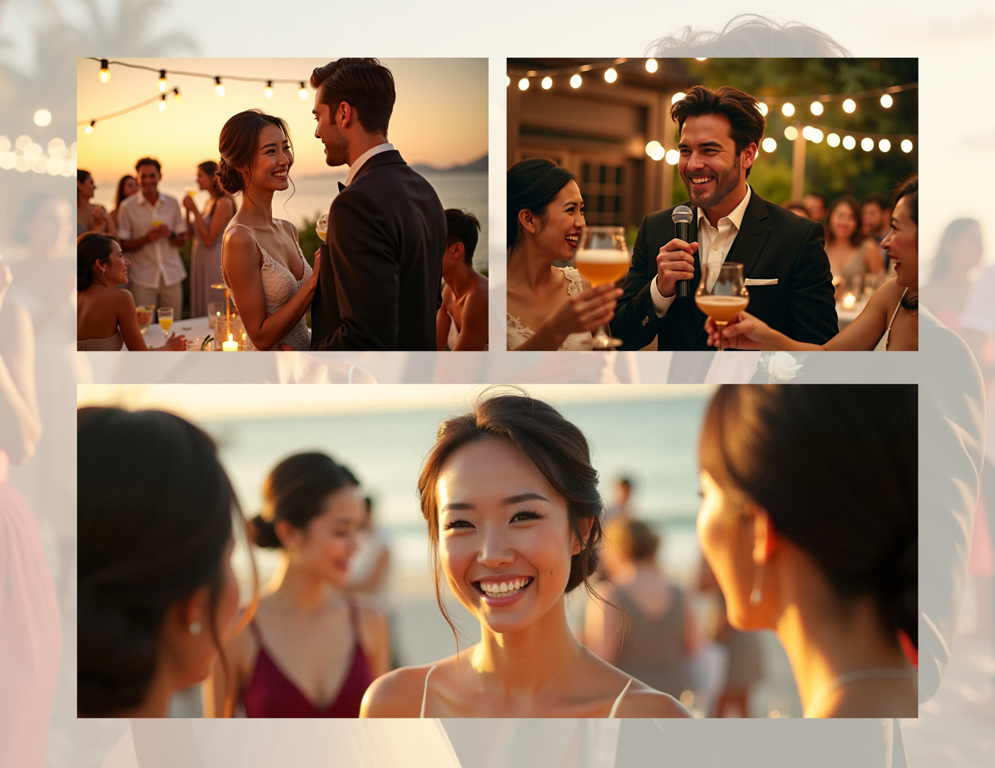 Collage of three photos from a beach wedding reception during sunset, featuring people socializing, toasting drinks, and smiling.