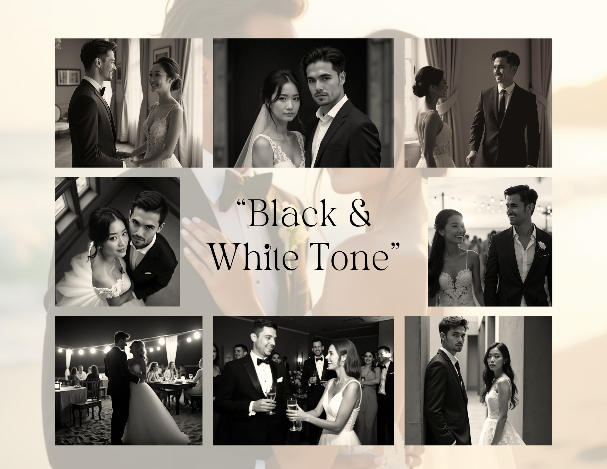 Collage of black and white wedding photos featuring couples at their wedding, including couple portraits, dancing, and celebration scenes, with the text "Black & White Tone" in the center.
