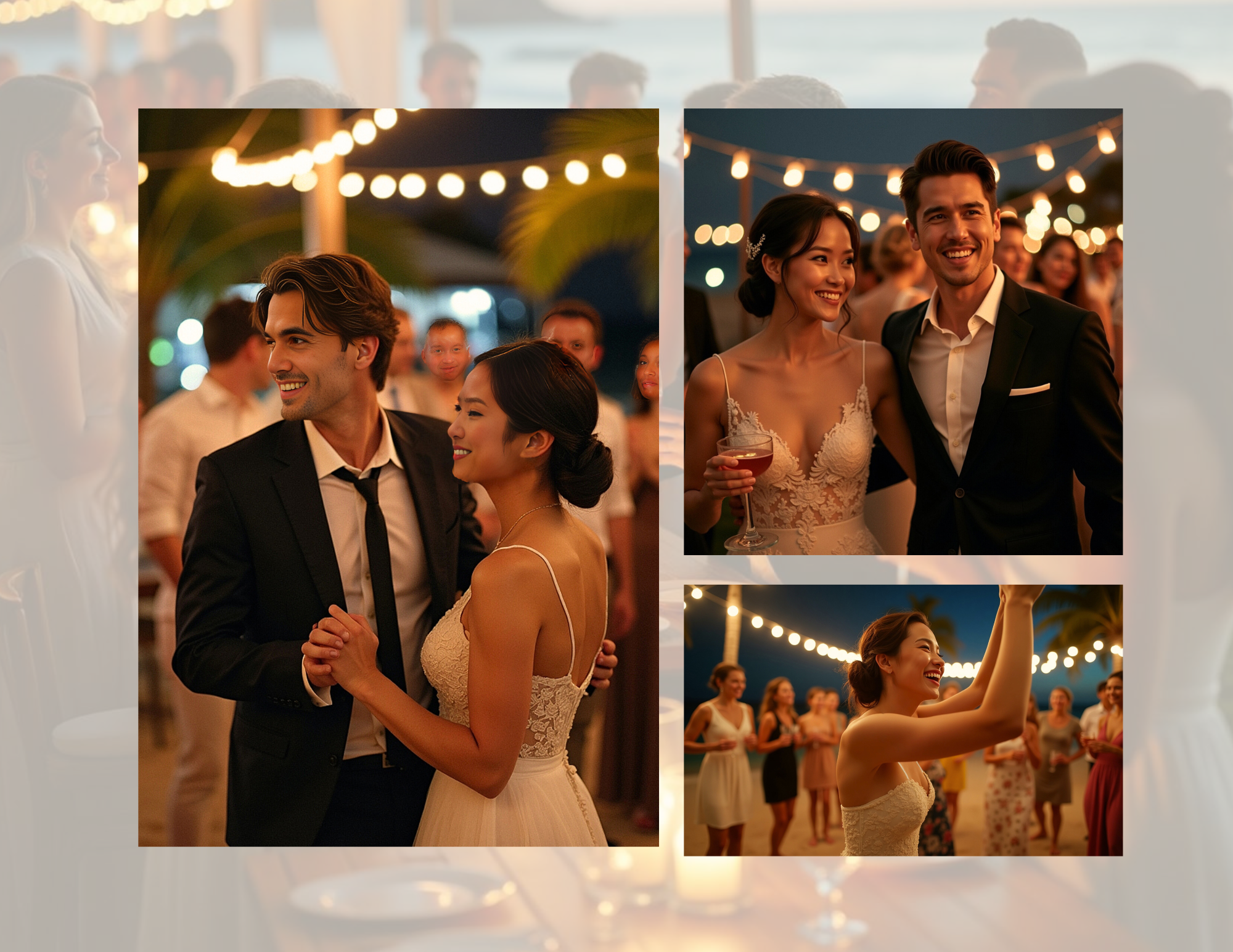 People celebrating at a wedding reception outdoors at night with string lights, dancing, and a woman holding a drink.