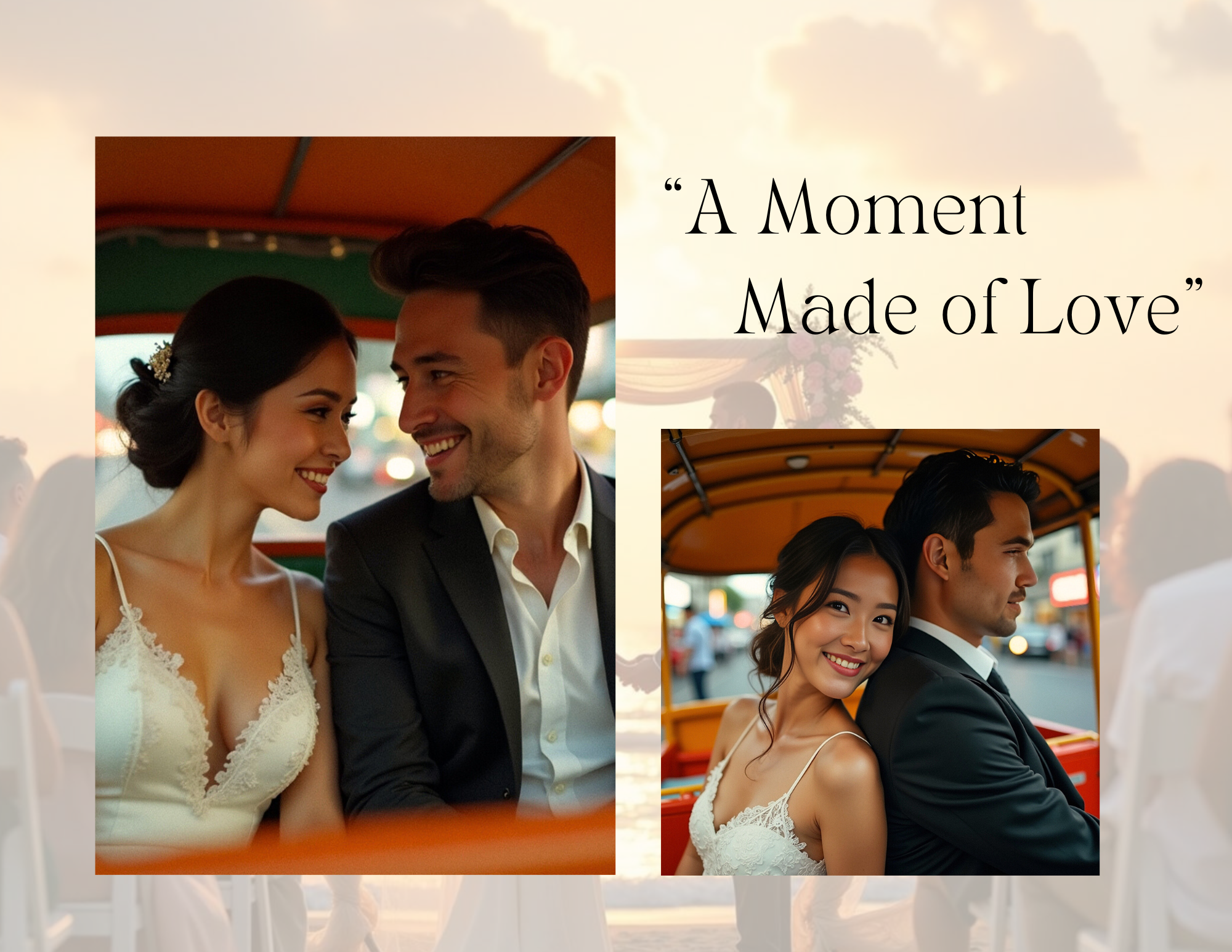 A collage of two photos of a happy couple on a romantic ride in a pedicab, with the quote "A Moment Made of Love" written beside them.