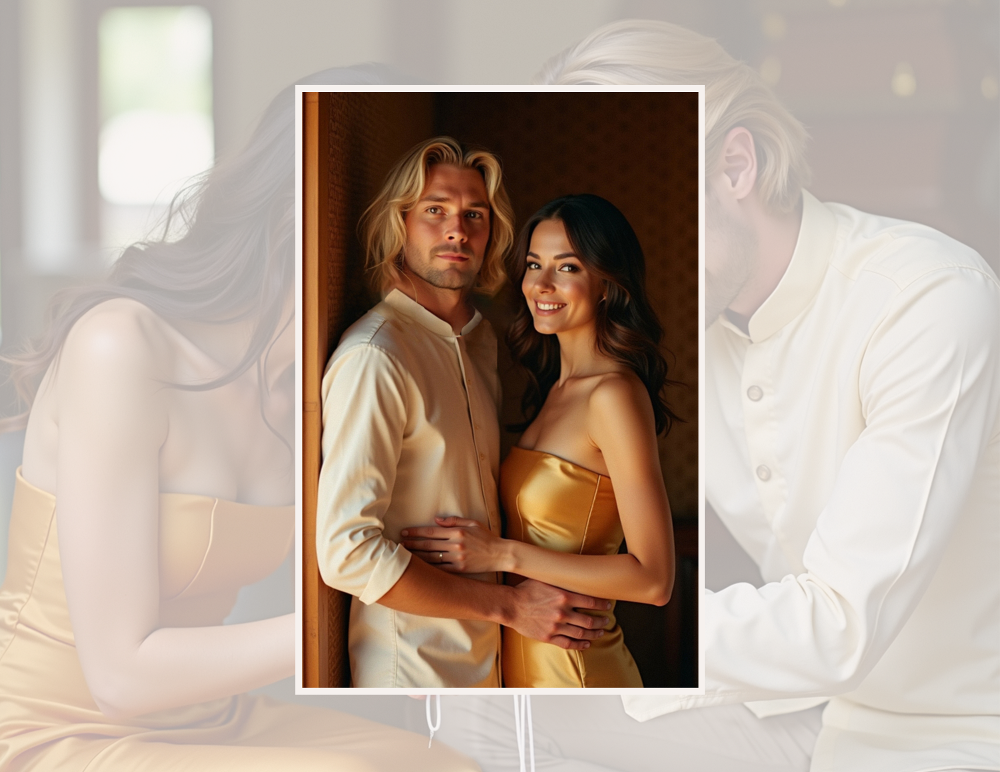 A man with shoulder-length blonde hair and a woman with long dark hair smiling, standing close together in an indoor setting with warm lighting. The woman wears a gold strapless dress and the man wears a cream-colored button-up shirt.
