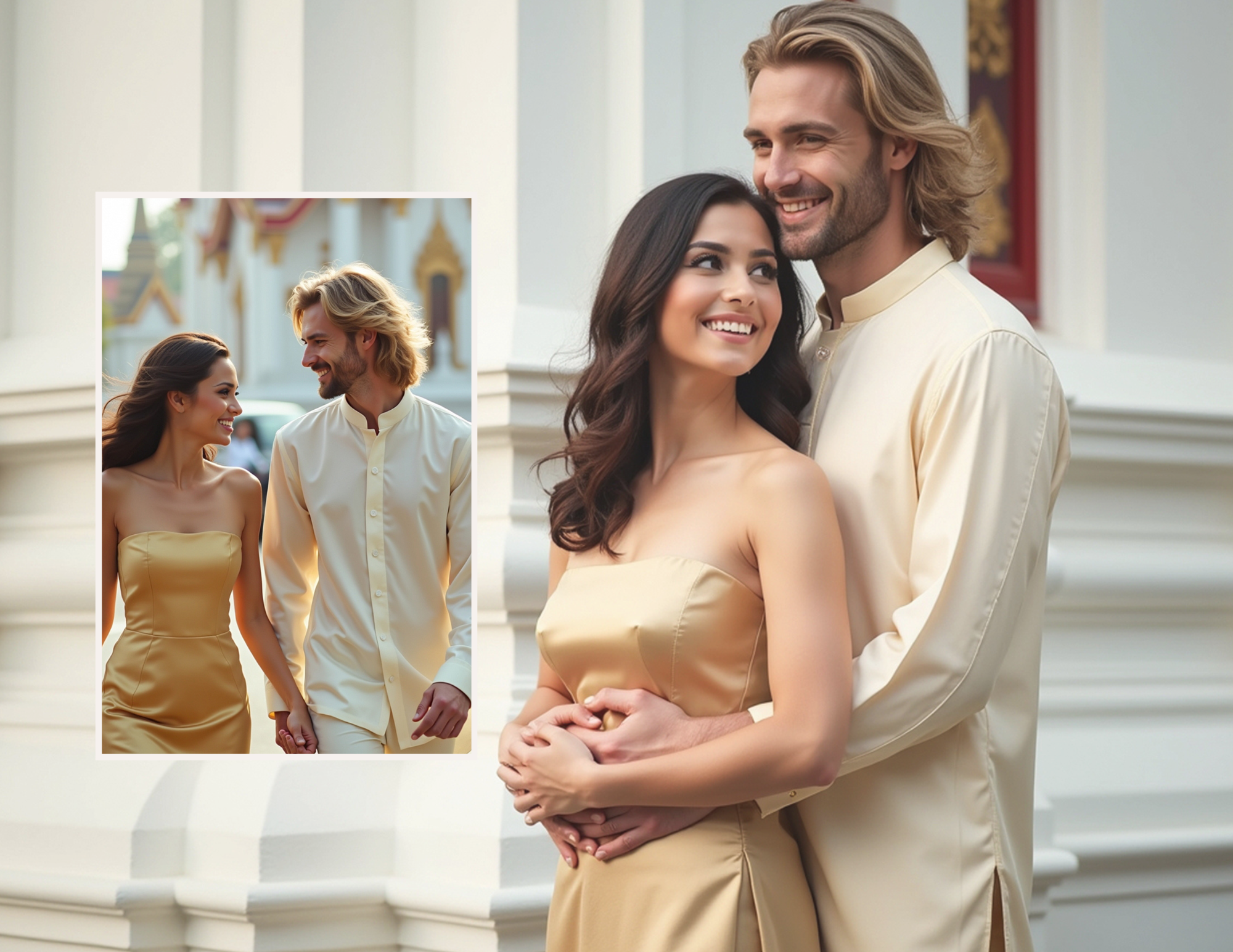 A happy couple at a temple, with the woman wearing a gold strapless satin dress and the man in a cream shirt. They are smiling and holding hands, with the man embracing the woman from behind. In a smaller inset, the couple is seen walking and holding