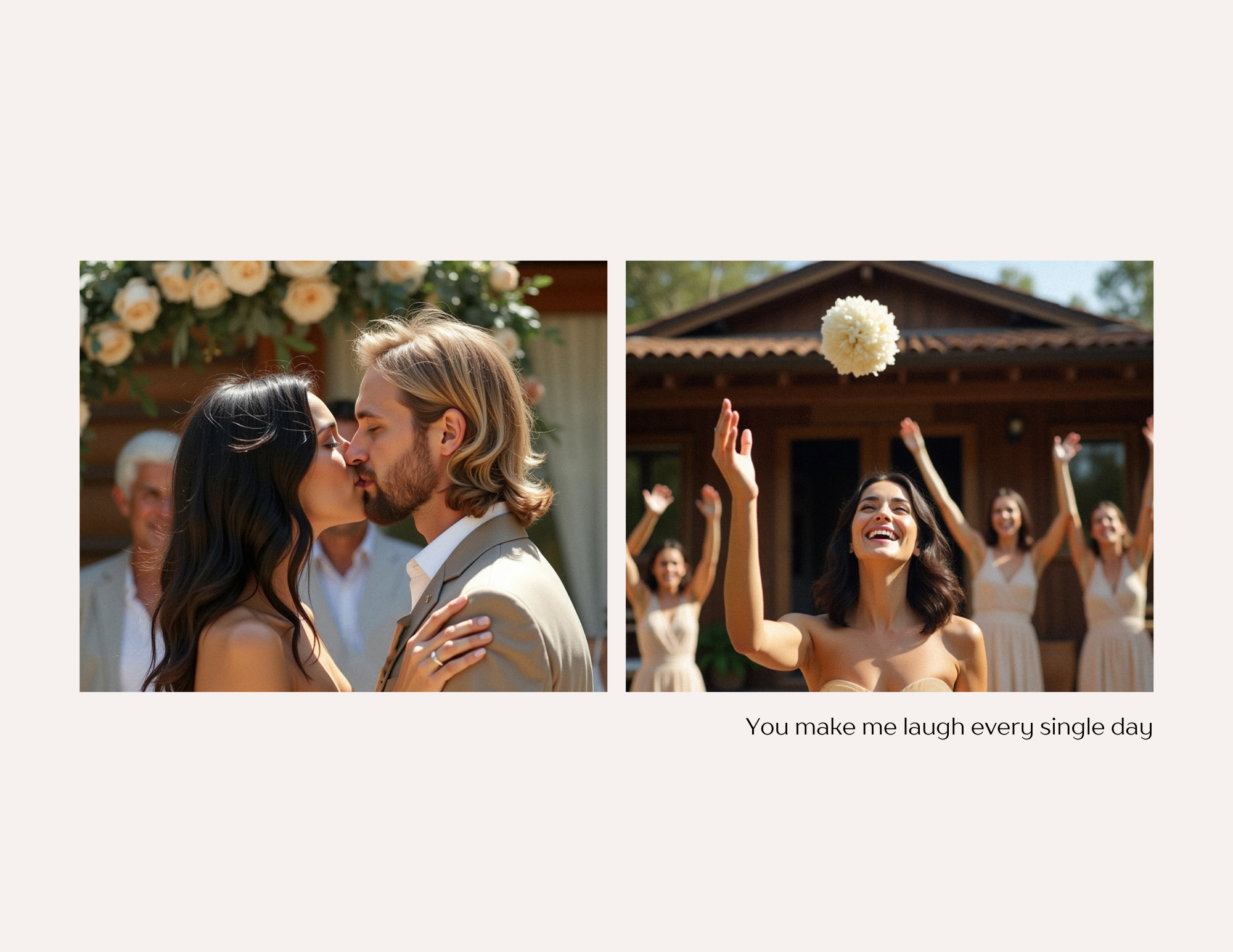 A collage of two photos from a wedding. The left photo shows a bride and groom about to kiss with an arch of roses behind them, and the right photo shows a woman smiling as flower petals are thrown into the air with bridesmaids celebrating in the bac
