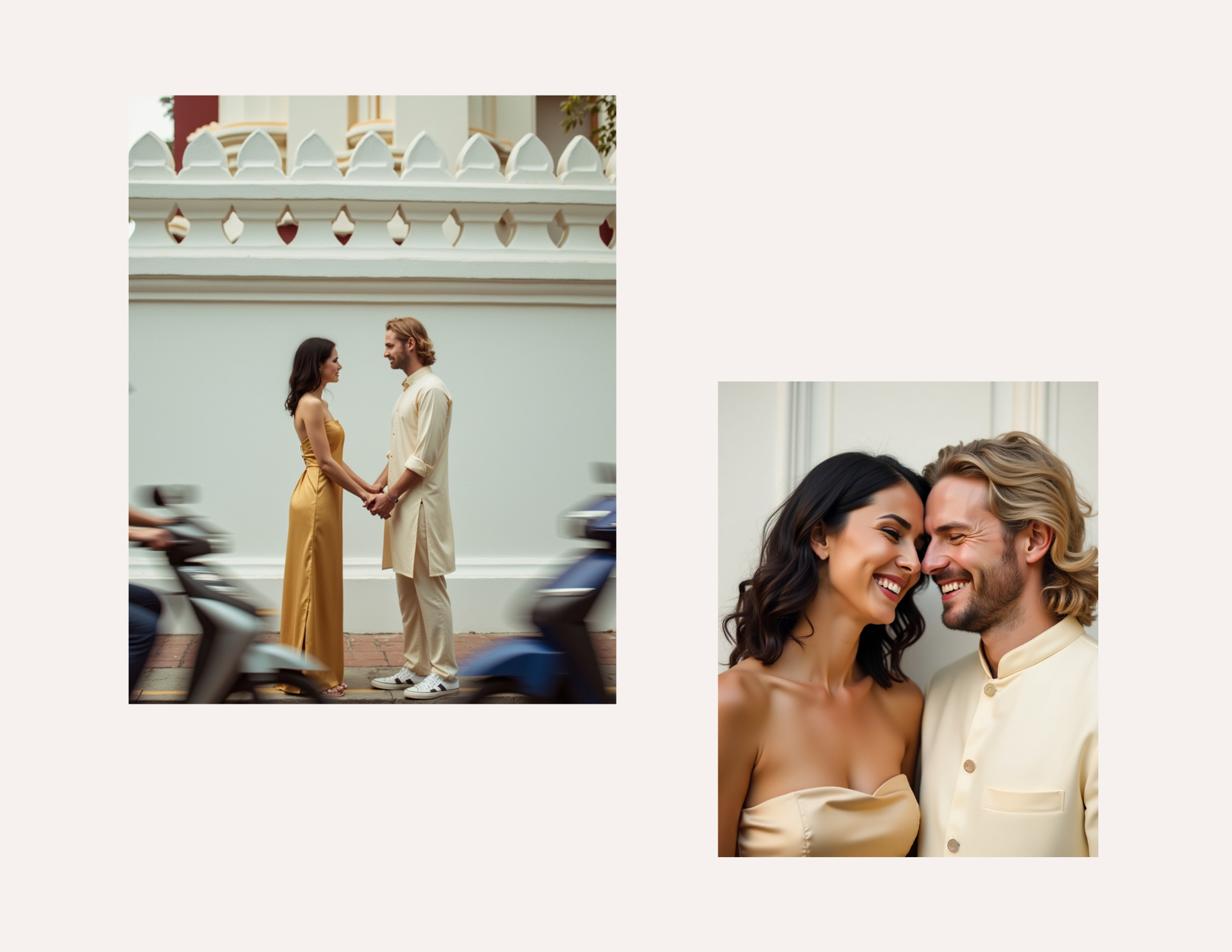 A couple standing face to face holding hands and smiling at each other outdoors, with motorbikes passing by in motion in front of a white decorative wall; the same couple indoors showing close-up of smiling faces with holding each other, both dressed