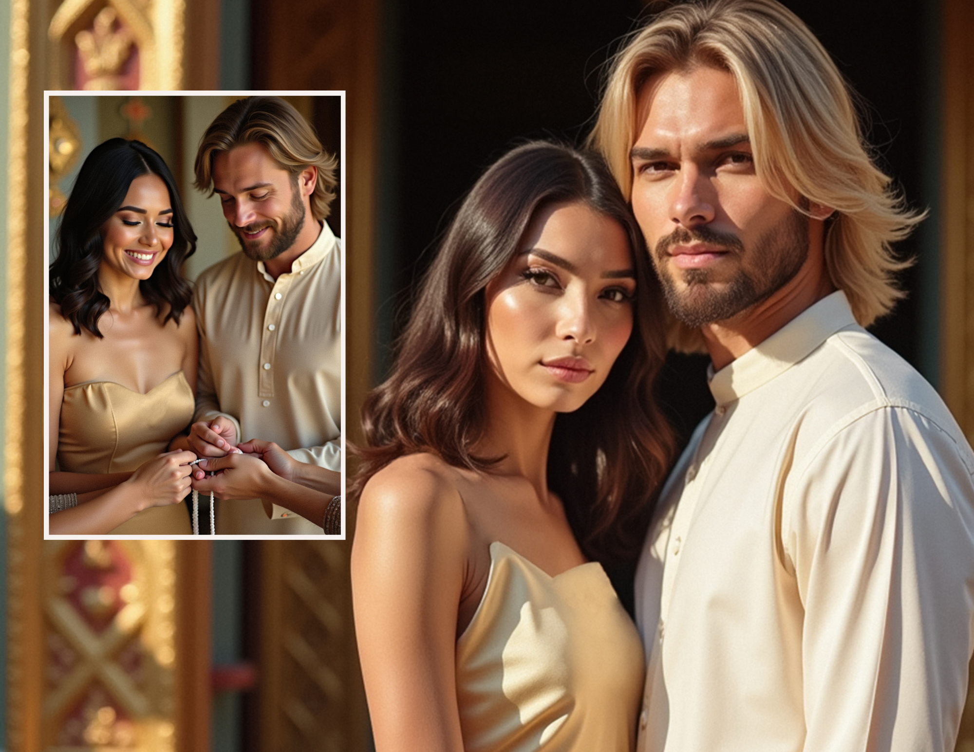 A couple is exchanging rings during a wedding ceremony, with a close-up of the woman and man in the background.