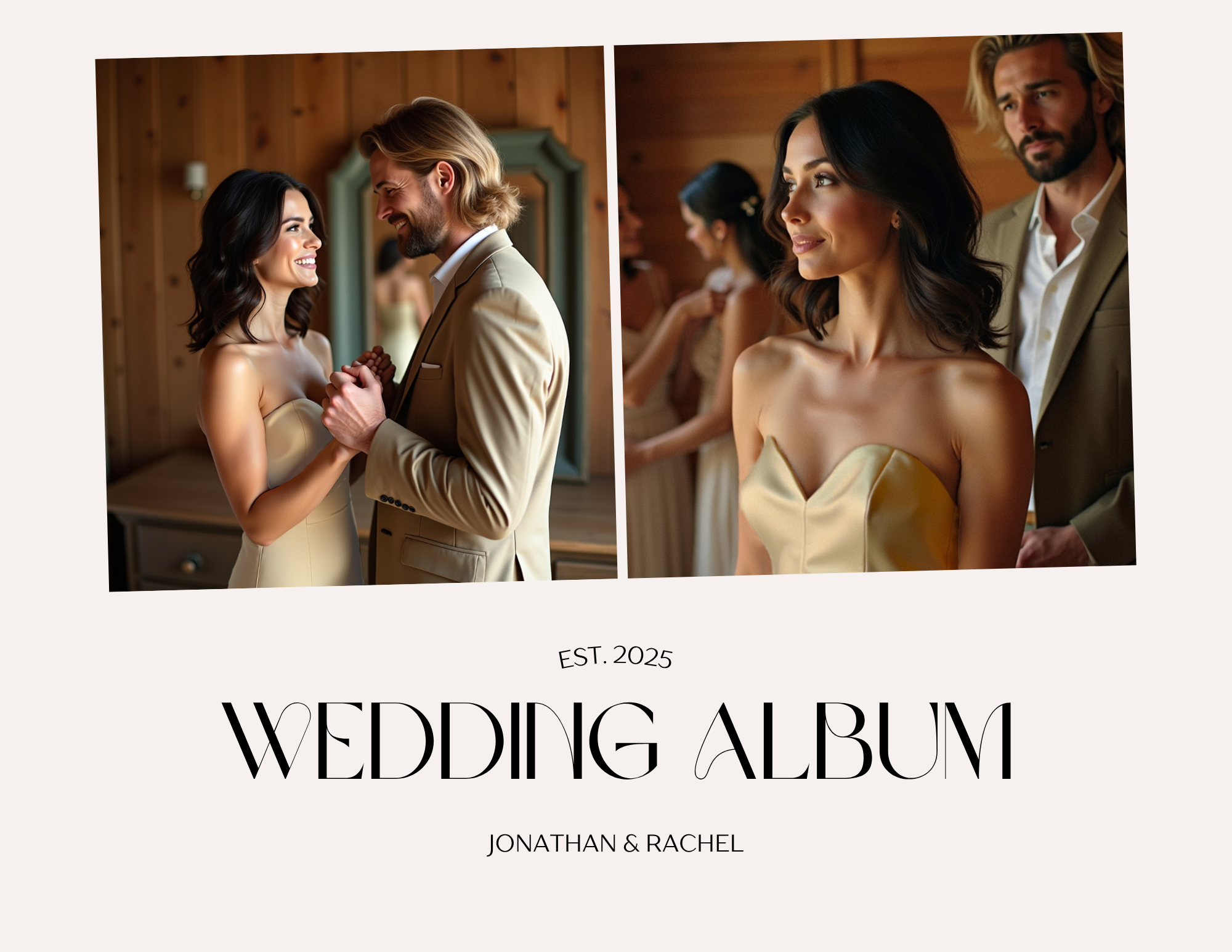 A wedding album cover featuring two photos of a bride and groom. In the first photo, they are holding hands and smiling at each other in a wooden room. In the second photo, the bride is standing with a man and woman behind her, all dressed for a wedd