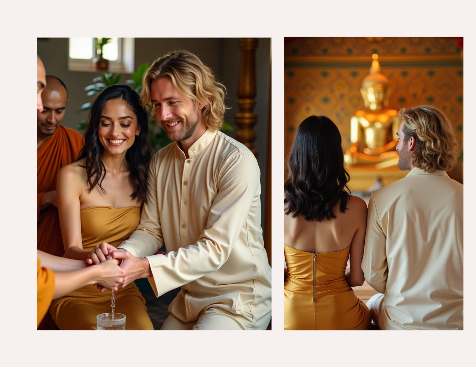A woman in a mustard-colored dress participates in a ceremony, holding hands with a man in cream-colored traditional clothing, with a group of people around in a peaceful indoor setting. In the second image, the woman and man sit back-to-back facing 