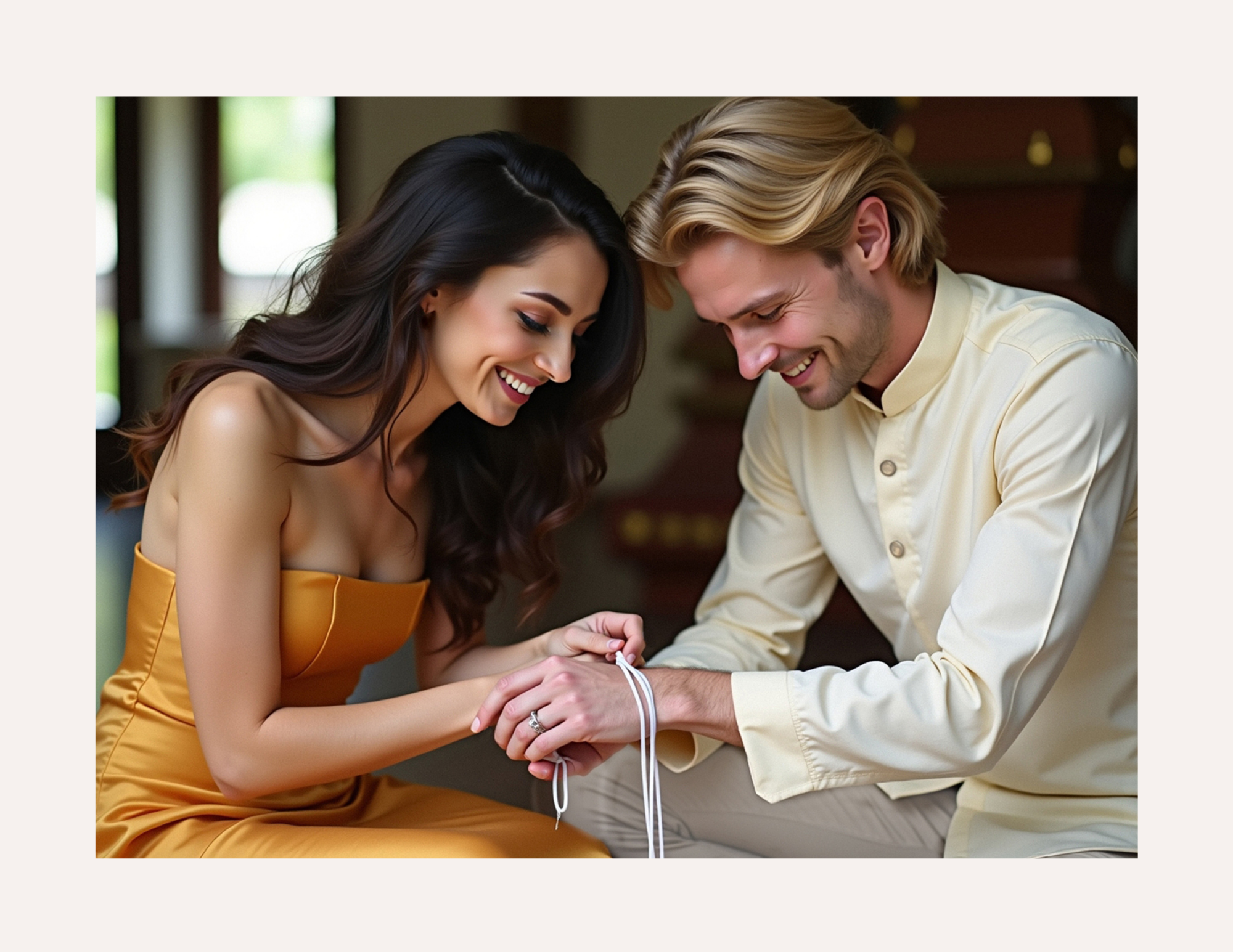 A man and woman are smiling and holding hands, with the woman wearing a yellow dress and the man in a light-colored shirt, in a warm and joyful moment indoors.