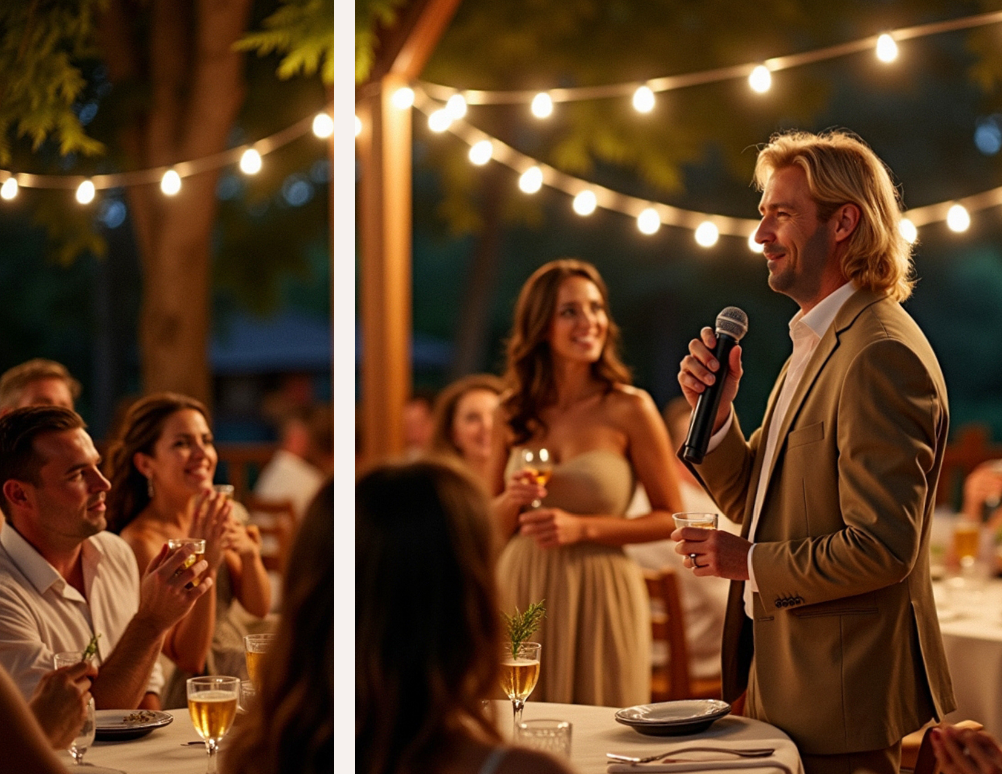A man with long blonde hair in a tan suit giving a speech with a microphone at an outdoor evening event, illuminated by string lights, with a woman in a strapless dress and holding a glass of wine smiling in the background, surrounded by seated guest