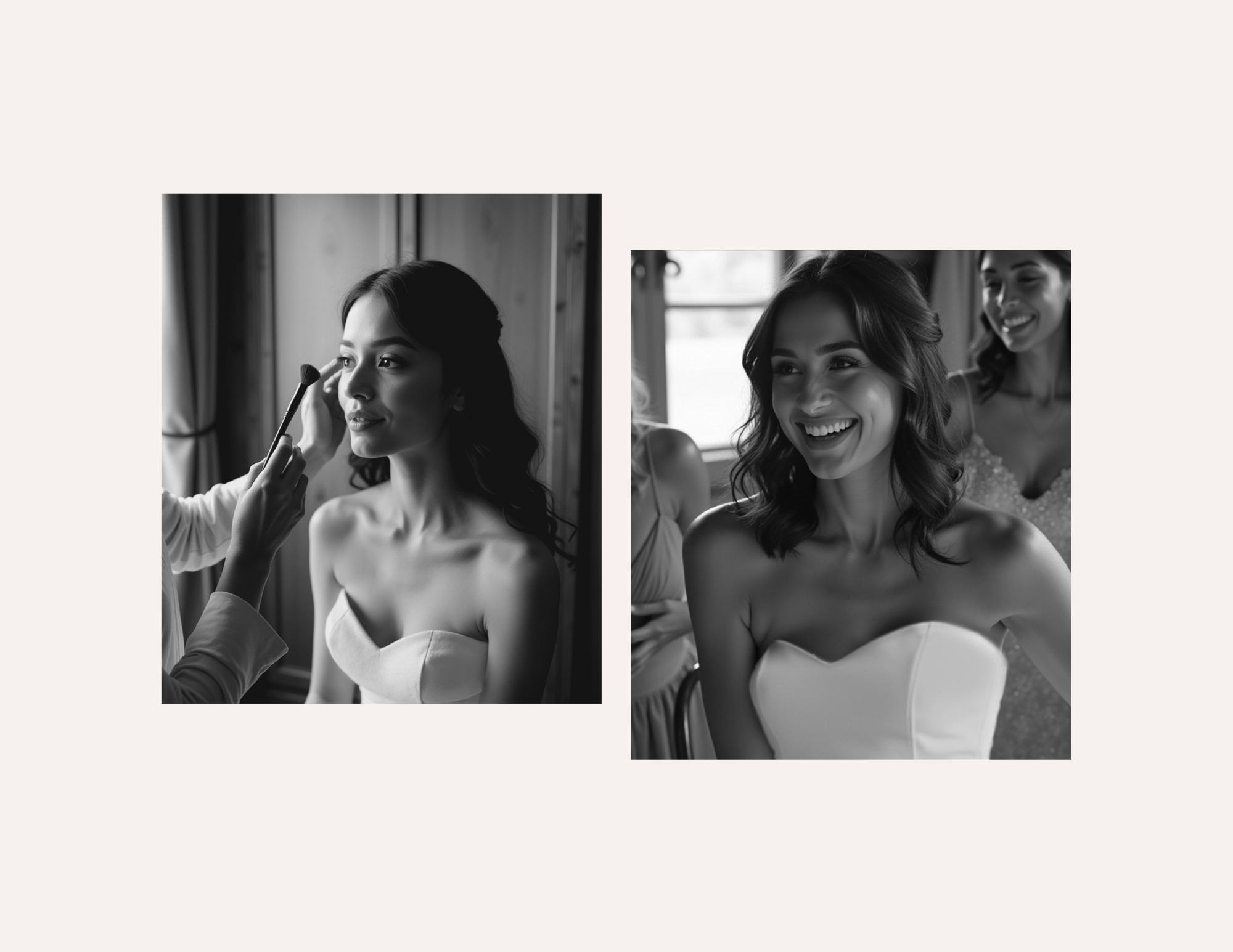 In the first photo, a woman with dark, wavy hair is having makeup applied to her face. She is wearing a strapless dress and looking slightly to the side. In the second photo, the same woman is smiling and looking off to the side, with another woman i