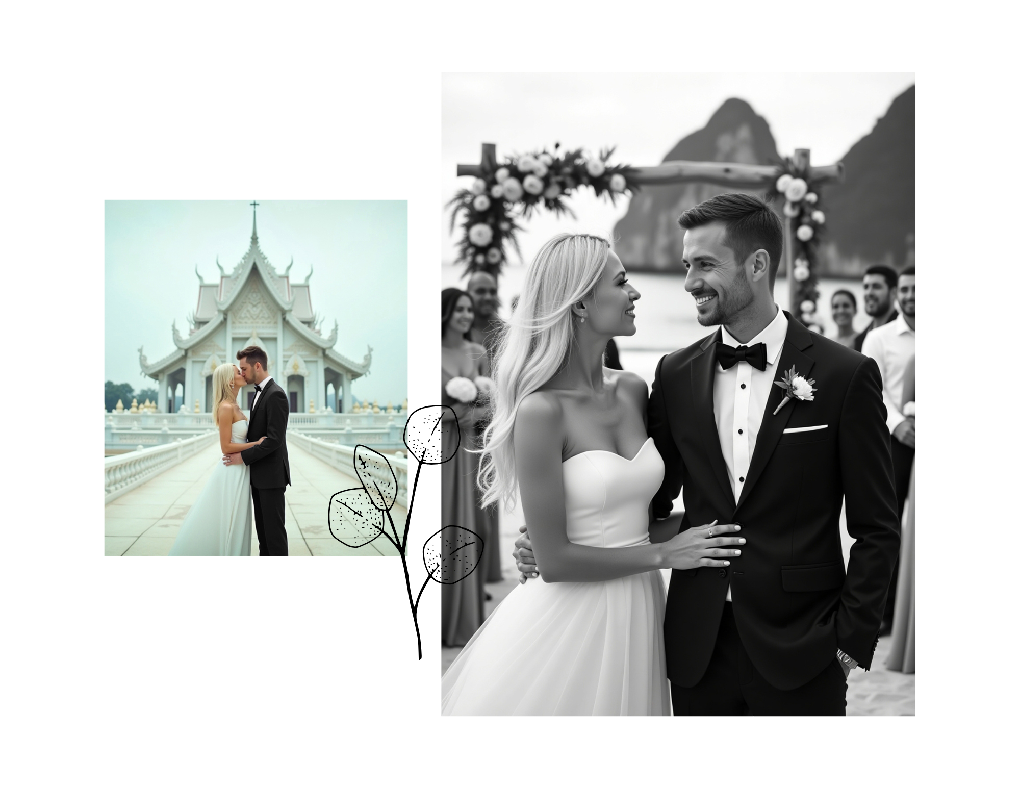 A collage of wedding photos: a black-and-white image of a bride and groom smiling at each other at an outdoor wedding with mountains in the background, and a color image of a bride and groom sharing a kiss in front of a white temple. The collage incl