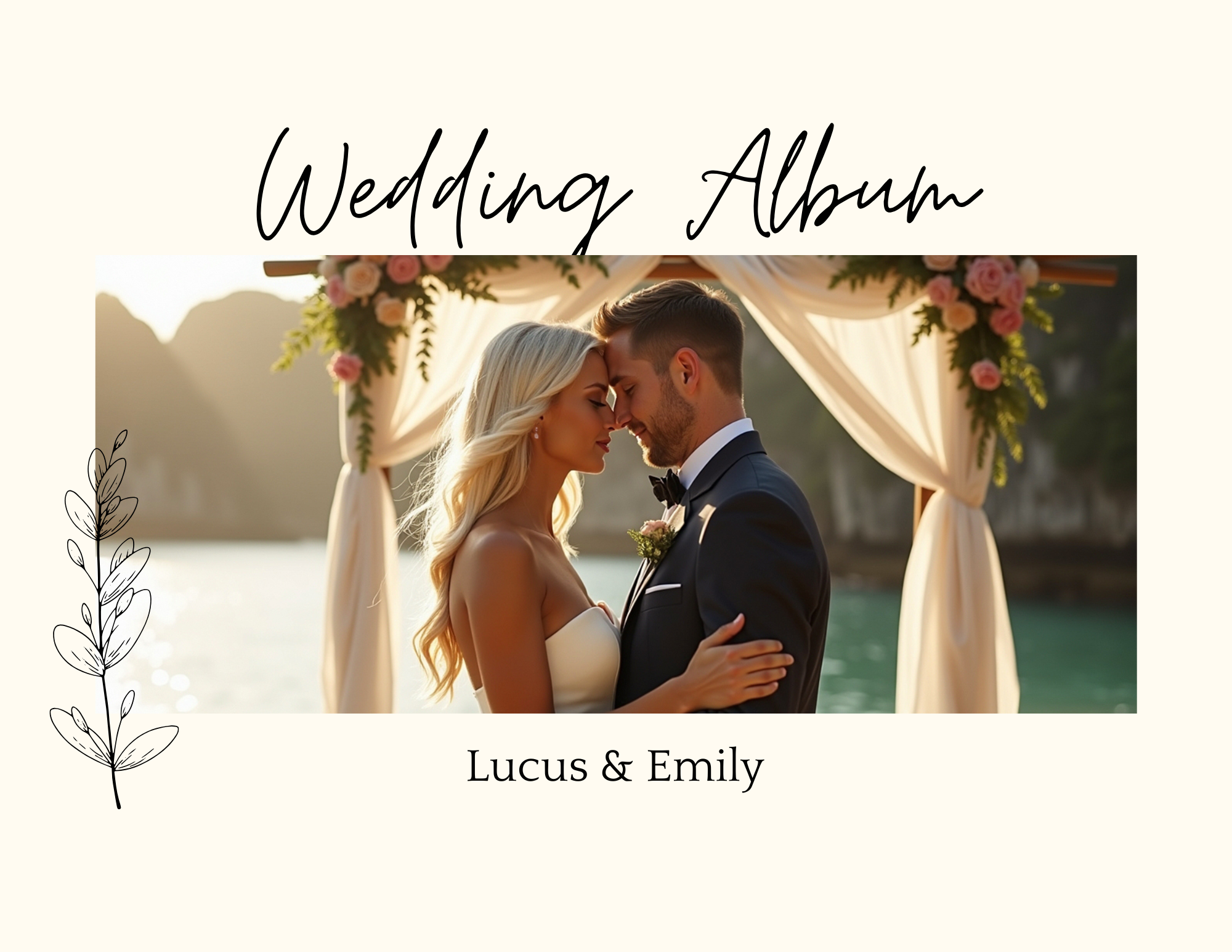 Wedding album cover with a photo of a bride and groom embracing outdoors under a decorated arch at sunset, with the text 'Wedding Album' and 'Lucus & Emily'.