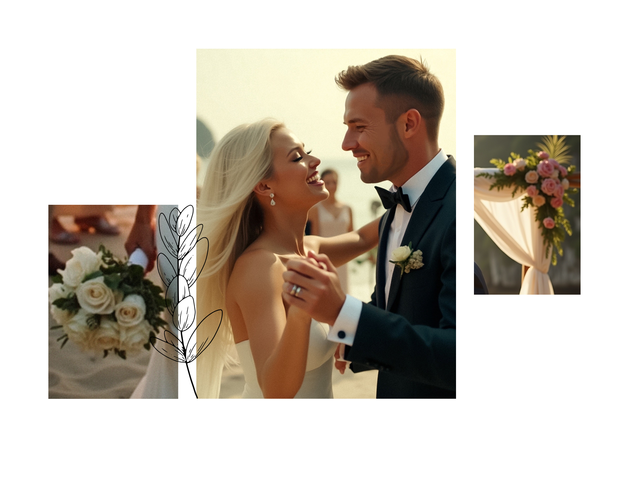 A bride and groom dancing at their outdoor wedding, smiling at each other, with wedding flowers and decorations in the background.