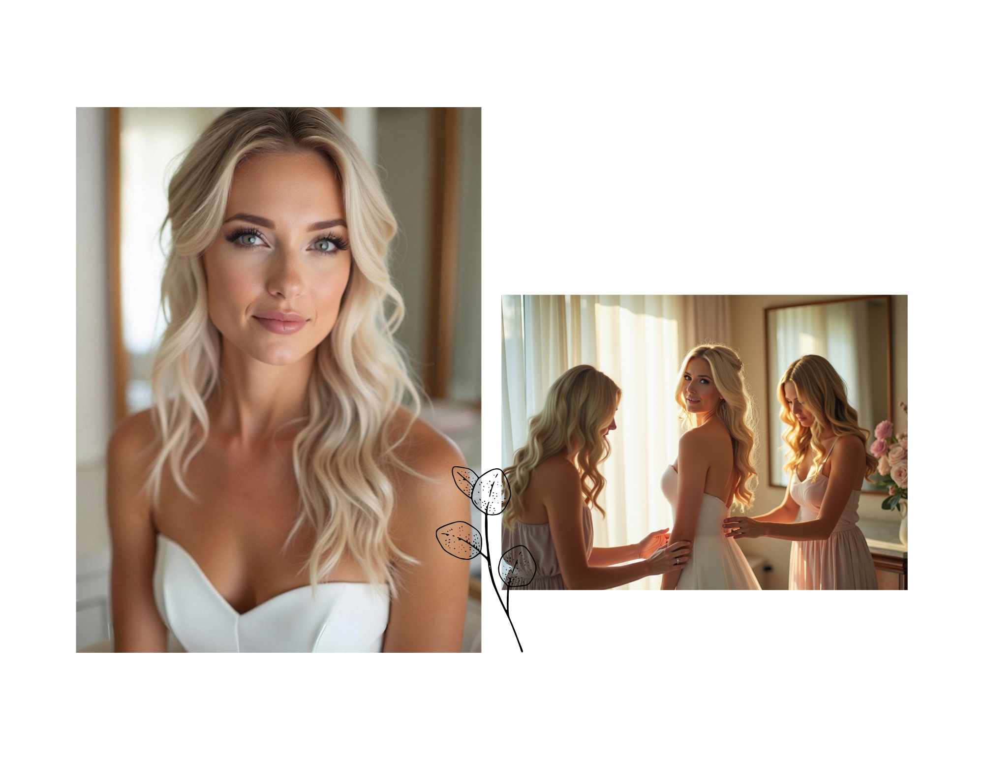 A woman with long wavy blonde hair, wearing a white dress, poses indoors with soft natural lighting.