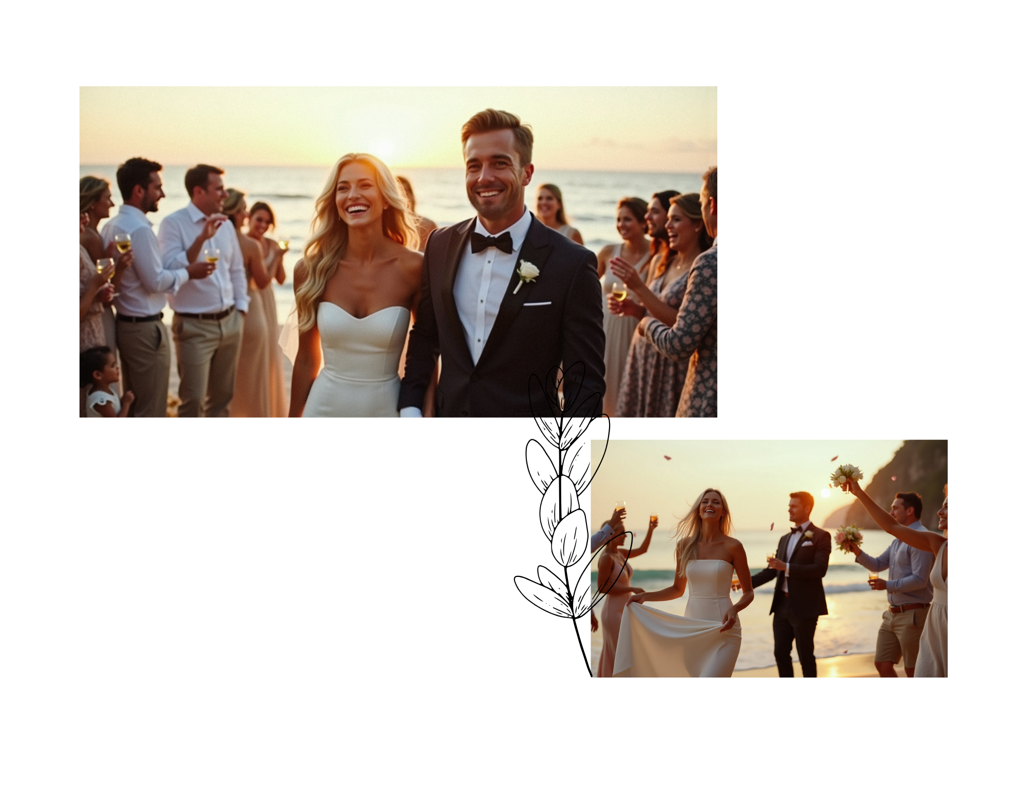 A wedding celebration on the beach at sunset, featuring a smiling bride and groom walking together, surrounded by friends and family holding drinks and flowers, with the ocean and cliffs in the background.