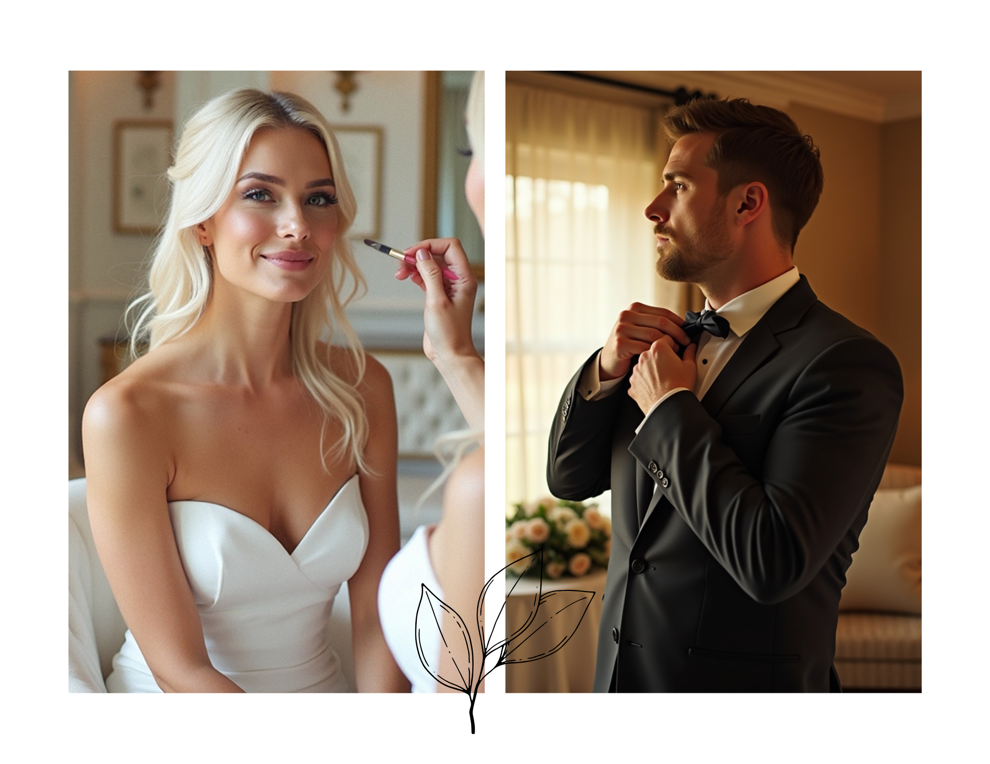 A woman getting her makeup done by a makeup artist on the left, and a man in a tuxedo adjusting his bow tie on the right, preparing for a formal event or wedding in a warmly lit room.