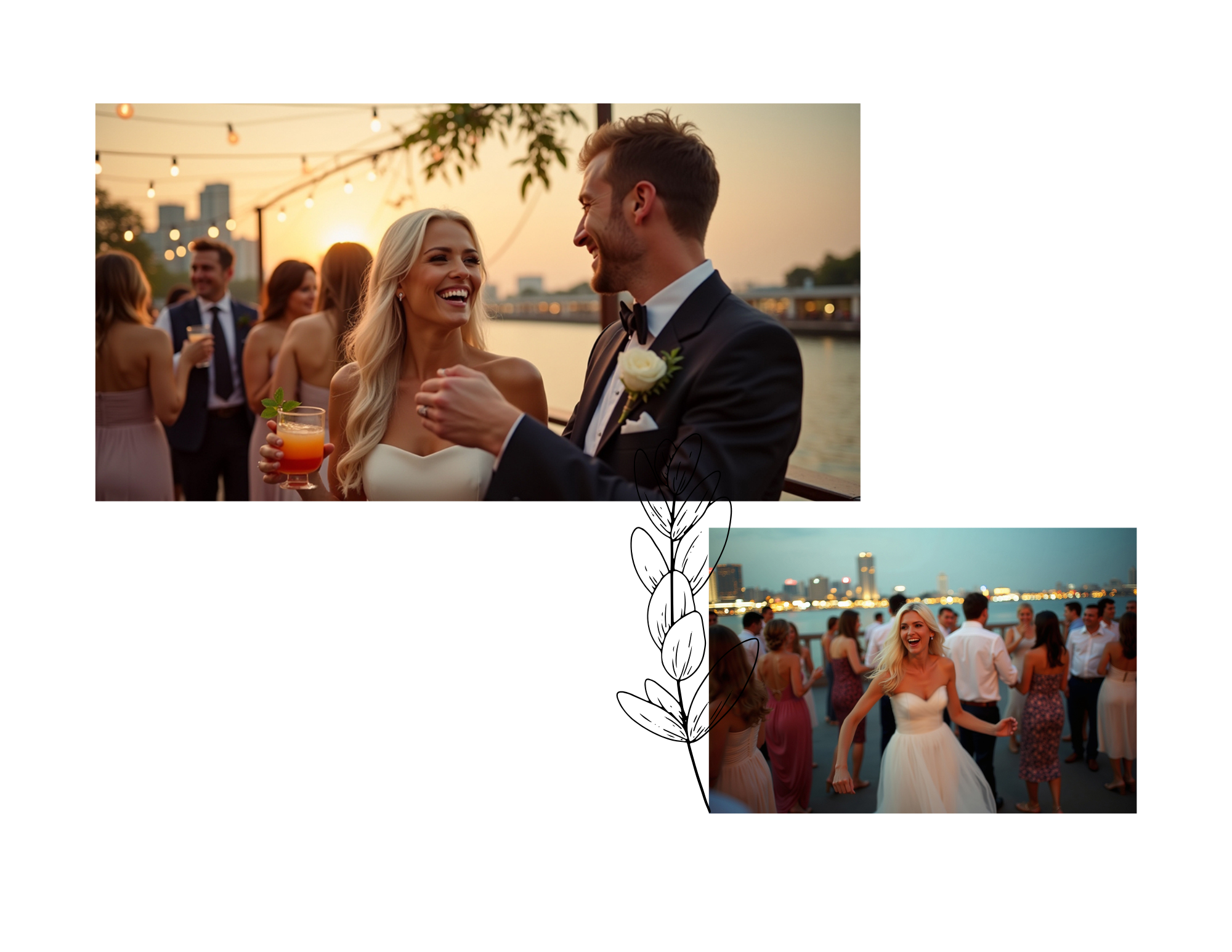 People celebrating at a wedding reception outdoors near a body of water at sunset, with city skyline in the background, including a bride in a white dress and a groom in a tuxedo smiling and dancing.