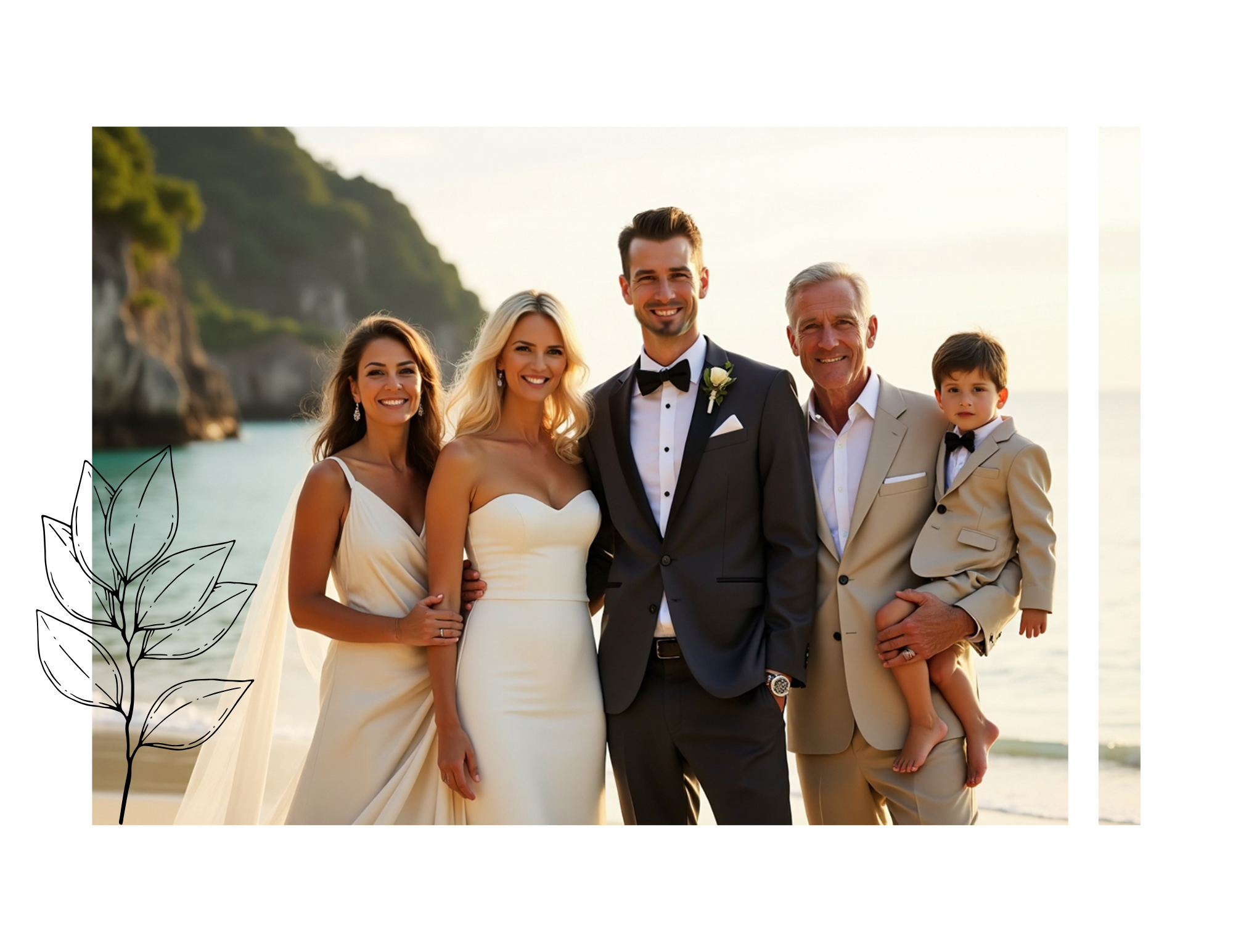 A group of five people dressed in formal wedding attire standing on a beach during sunset, with cliffs and ocean in the background.