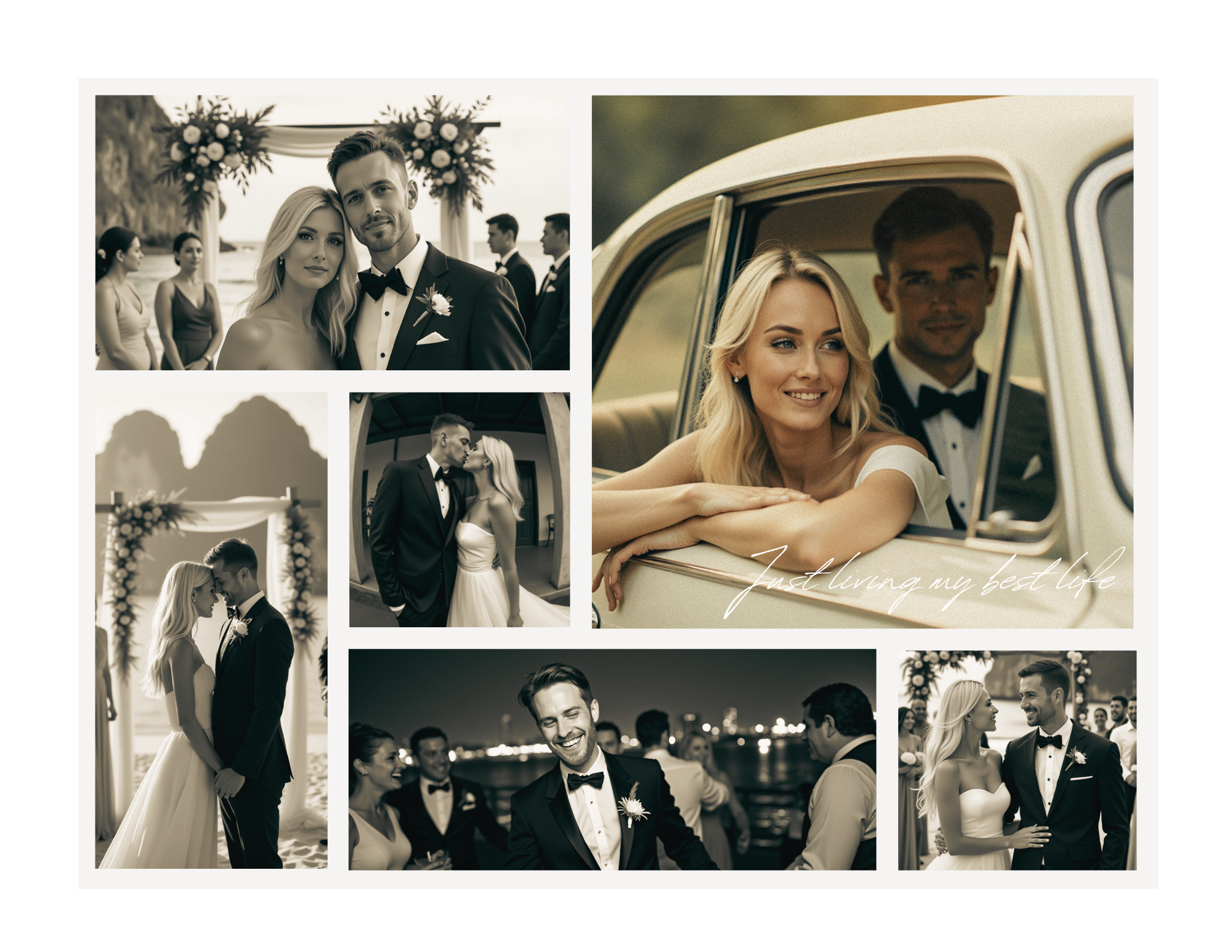 A collage of wedding photos in black and white and color, featuring a bride and groom, including outdoor beach and city scenes, with guests celebrating and a romantic moment between the couple.