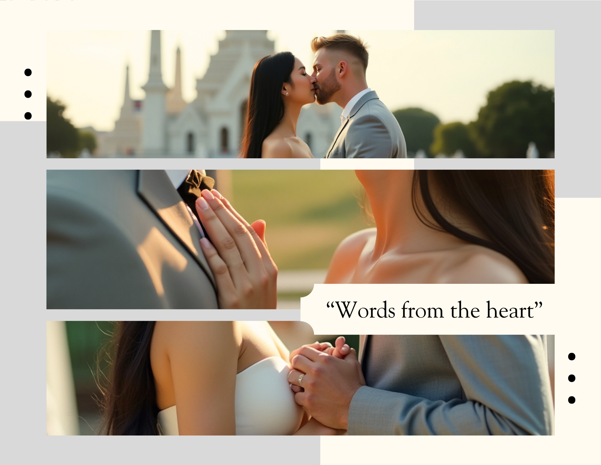 A collage of two wedding photos featuring a couple at a wedding. The top photo shows the couple kissing in front of a white, ornate building during sunset. The middle photo focuses on the bride's hand on the groom's tuxedo lapel with a golden bow tie