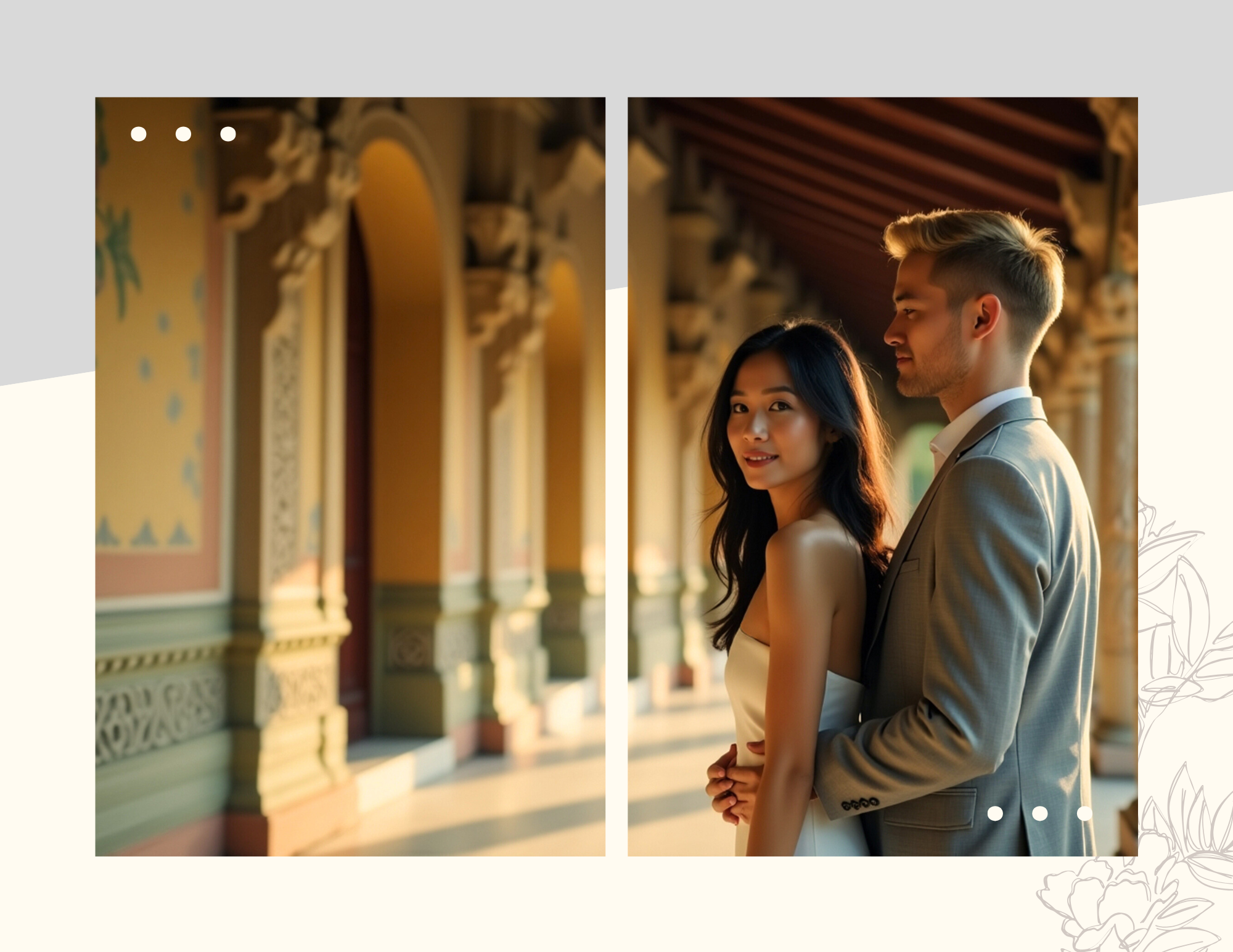 A couple, a woman with long dark hair and a man with short blond hair, stands close together in a warmly lit ornate corridor with arches and intricate architectural details, possibly a historic or luxury building.
