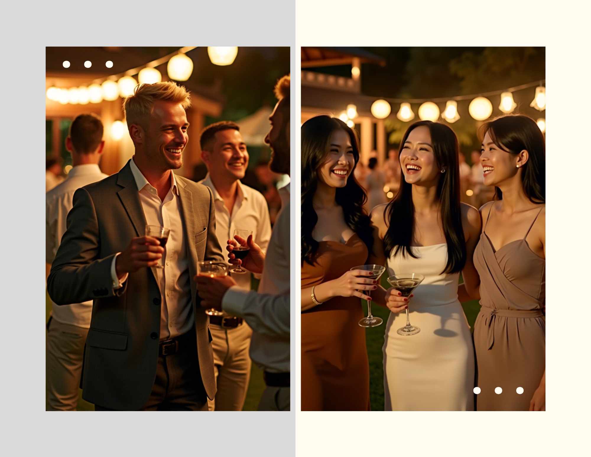 People celebrating at an outdoor evening party with string lights; men in suits and women in cocktail dresses, holding drinks, smiling and talking.