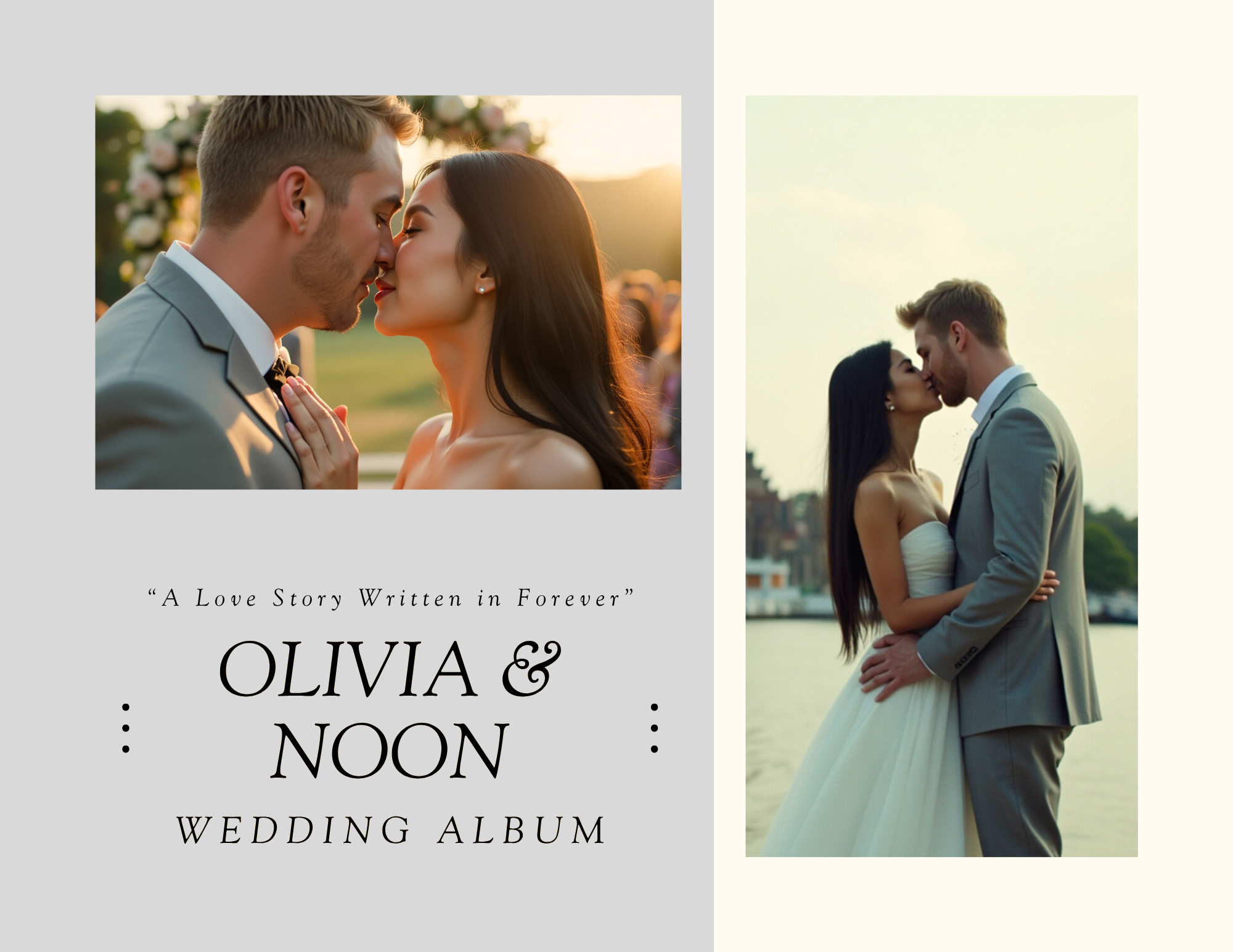 Wedding album cover featuring two images of a bride and groom. The left image shows them about to kiss during sunset, the right image shows them kissing by a river. The text reads, "A Love Story Written in Forever" and "Olivia & Noon Wedding Album."