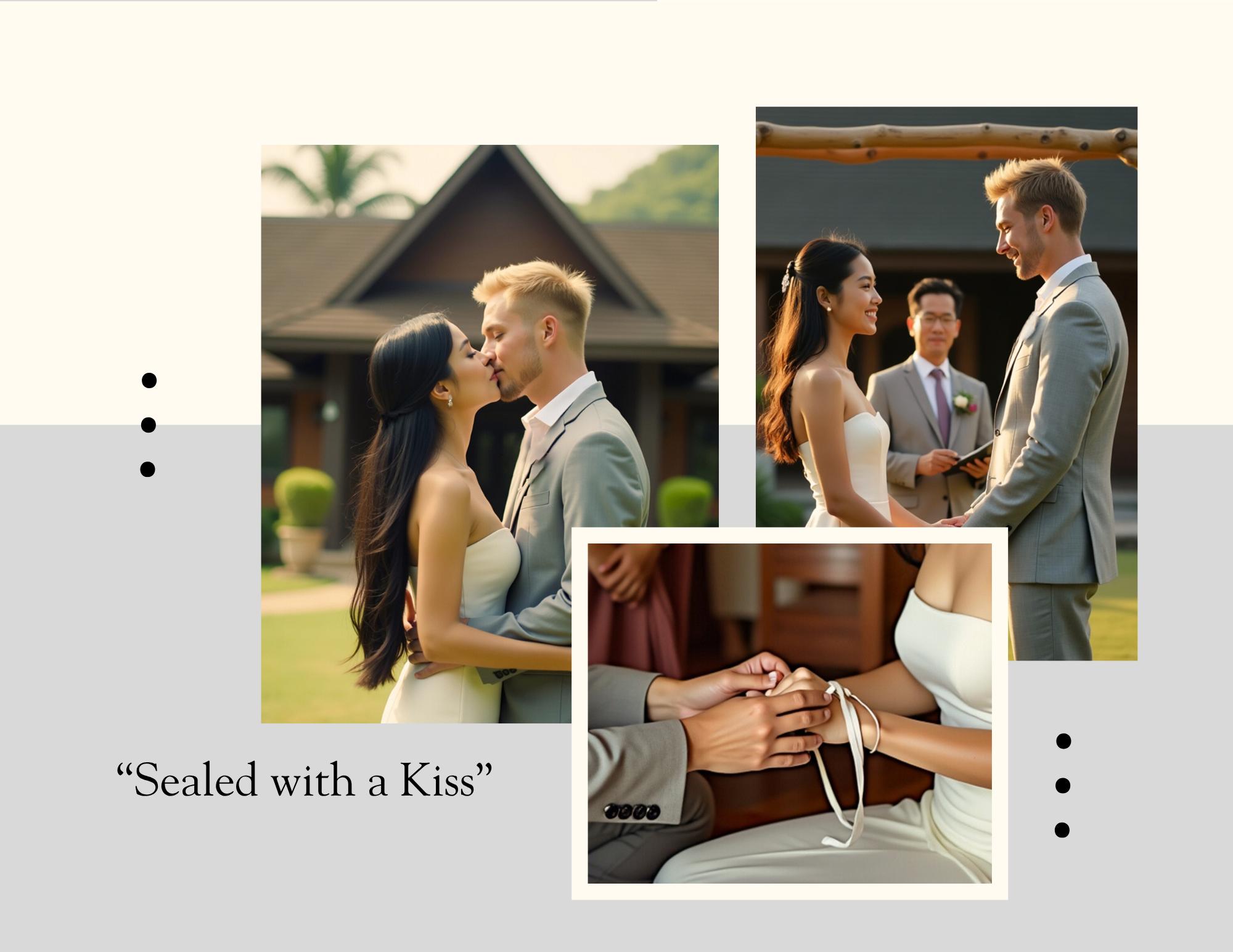 A collage of three wedding photos. The main photo shows a couple holding hands and about to kiss outdoors with a house in the background. The second photo depicts the couple standing face to face, smiling and holding hands, with a man officiating in 