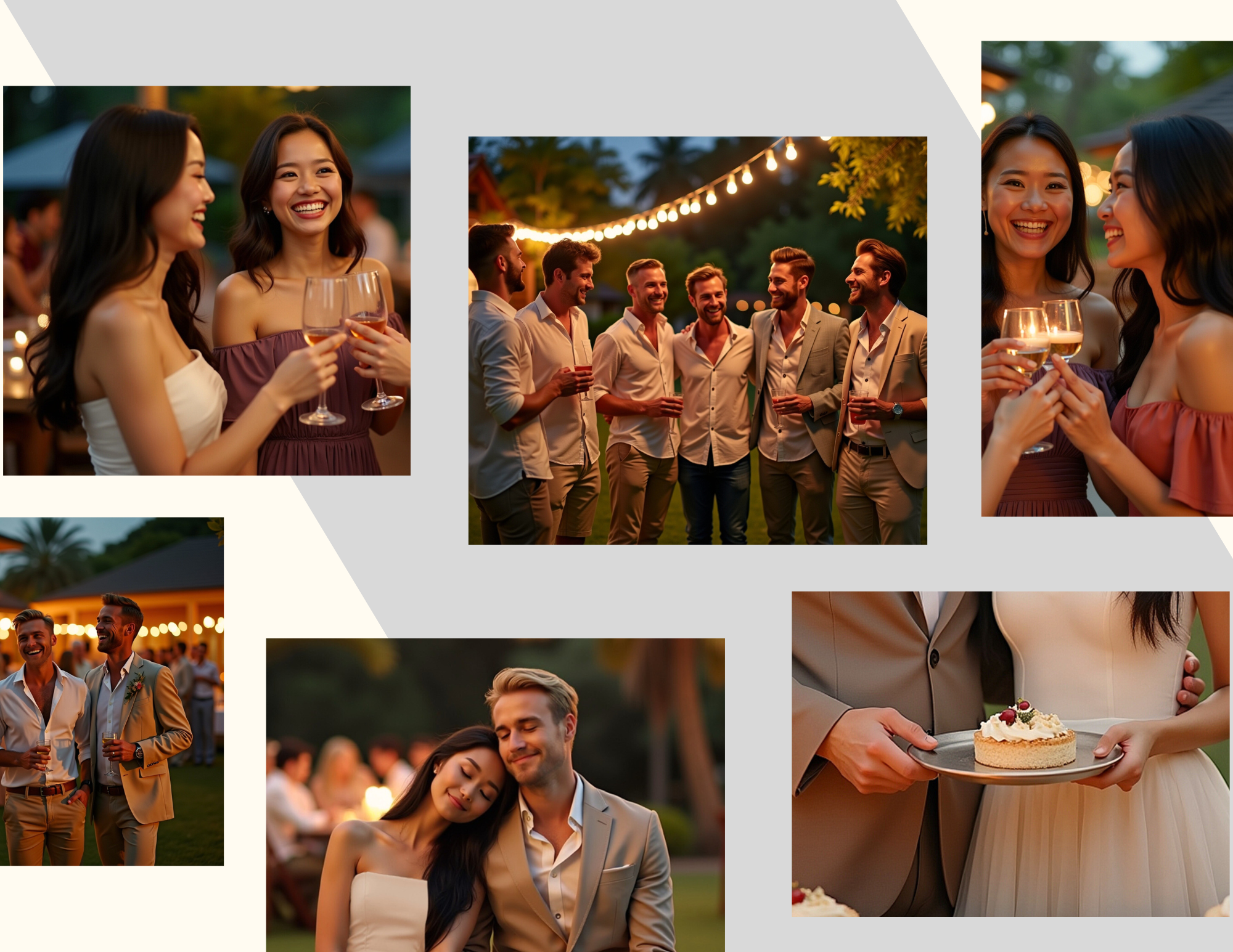 Group of friends celebrating at an outdoor evening party, with some members holding glasses of wine, a close-up of a woman and a man smiling with a cake, and people sharing conversations and laughter under string lights.