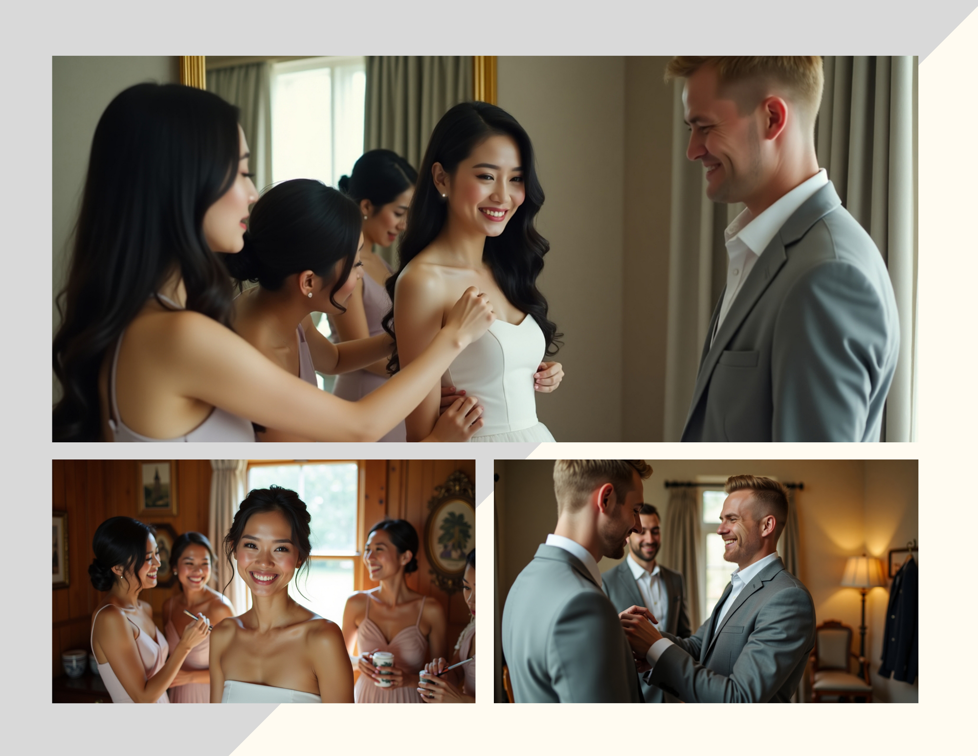 A bride getting ready with her bridesmaids and a groom in a suit at a wedding.